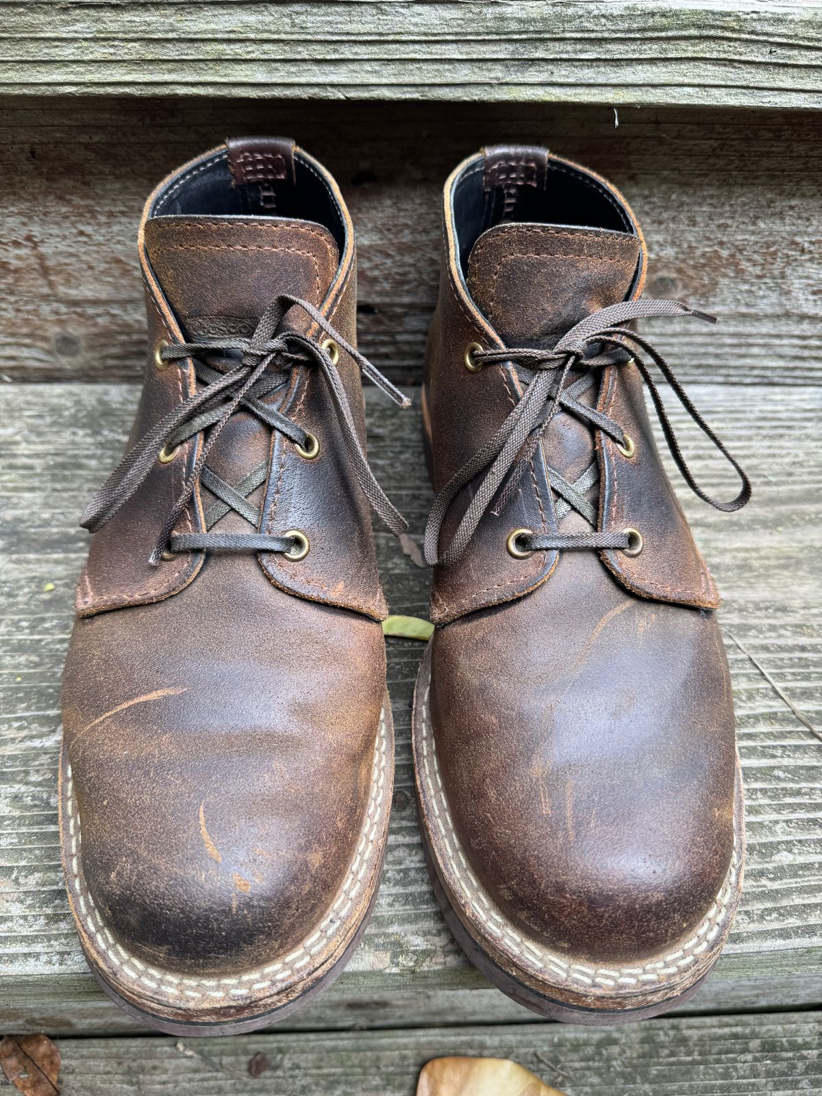 Photo by ChrisBurns670 on November 2, 2025 of the Wesco x Ship John Drake Chukka in Brown Waxed Cowhide.