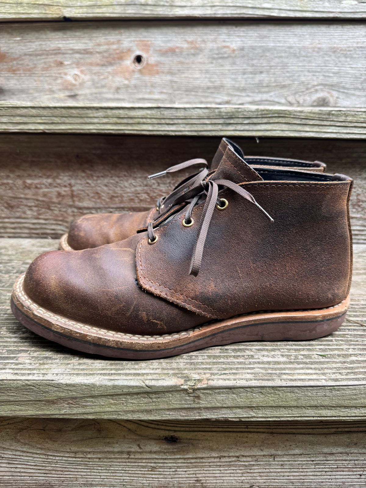 Photo by ChrisBurns670 on November 2, 2025 of the Wesco x Ship John Drake Chukka in Brown Waxed Cowhide.