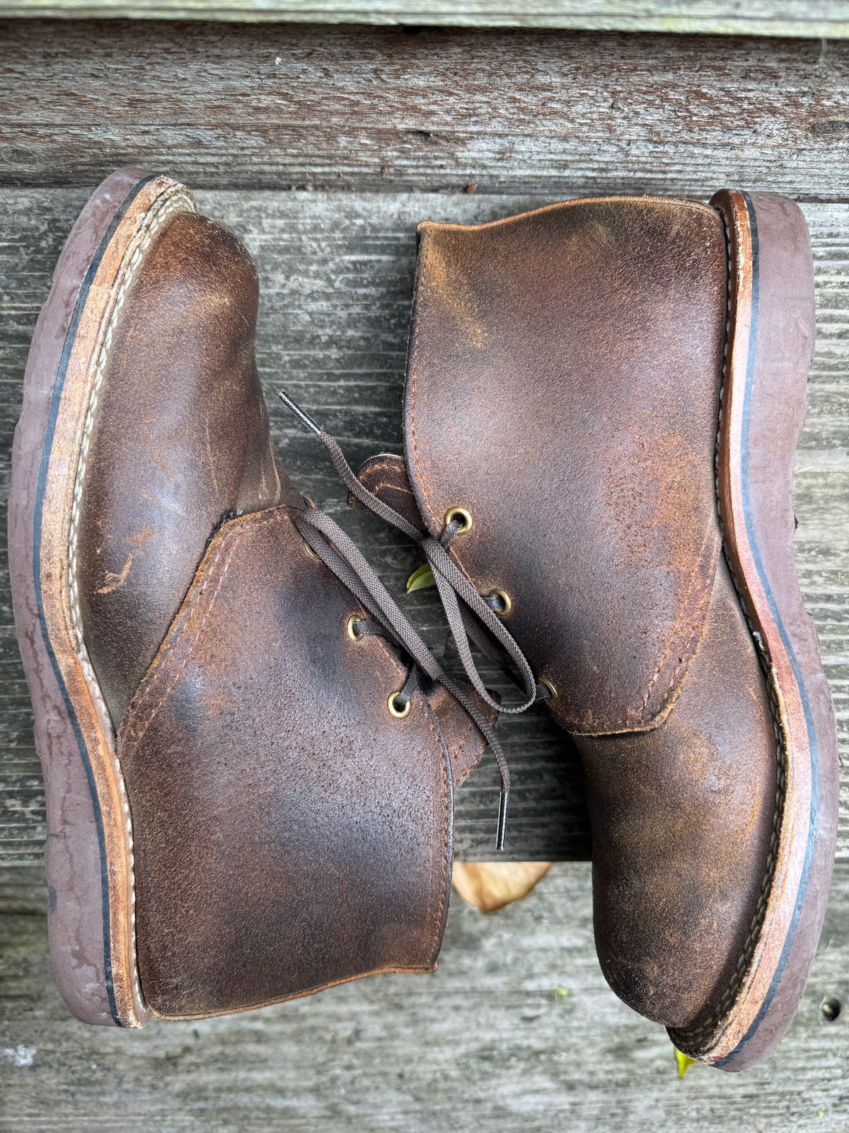 Photo by ChrisBurns670 on November 2, 2025 of the Wesco x Ship John Drake Chukka in Brown Waxed Cowhide.