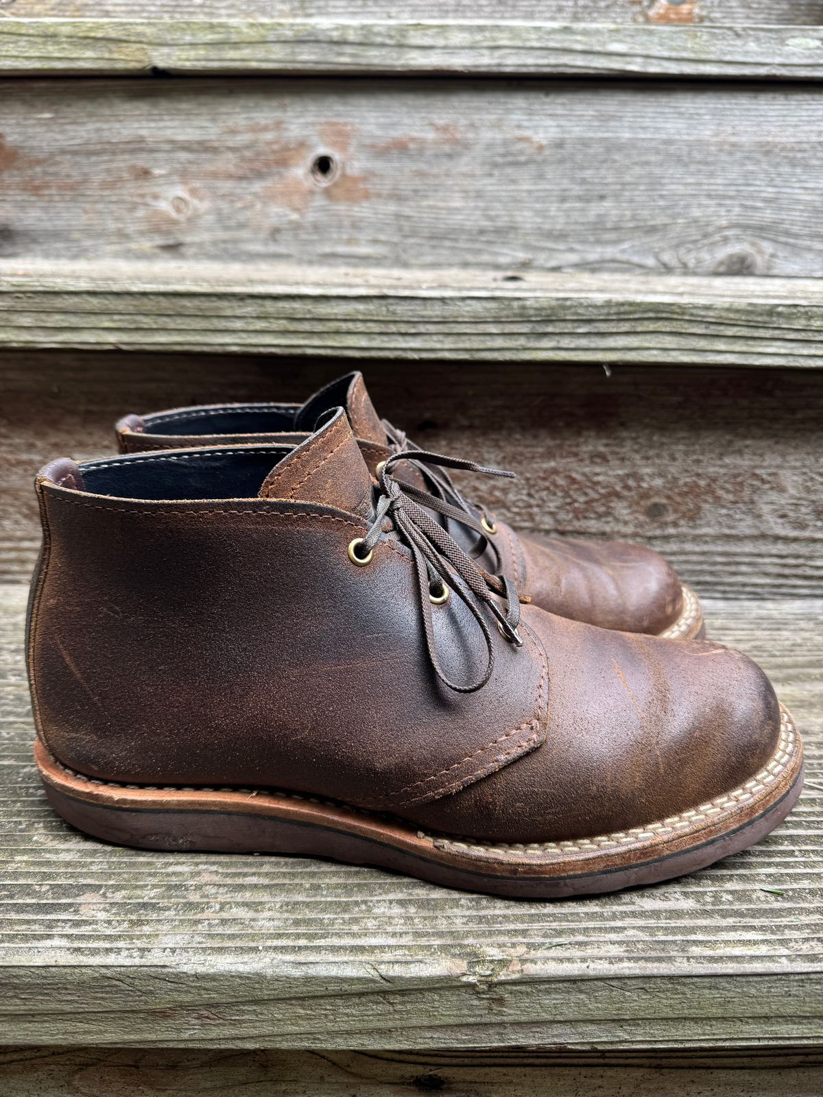 Photo by ChrisBurns670 on November 2, 2025 of the Wesco x Ship John Drake Chukka in Brown Waxed Cowhide.