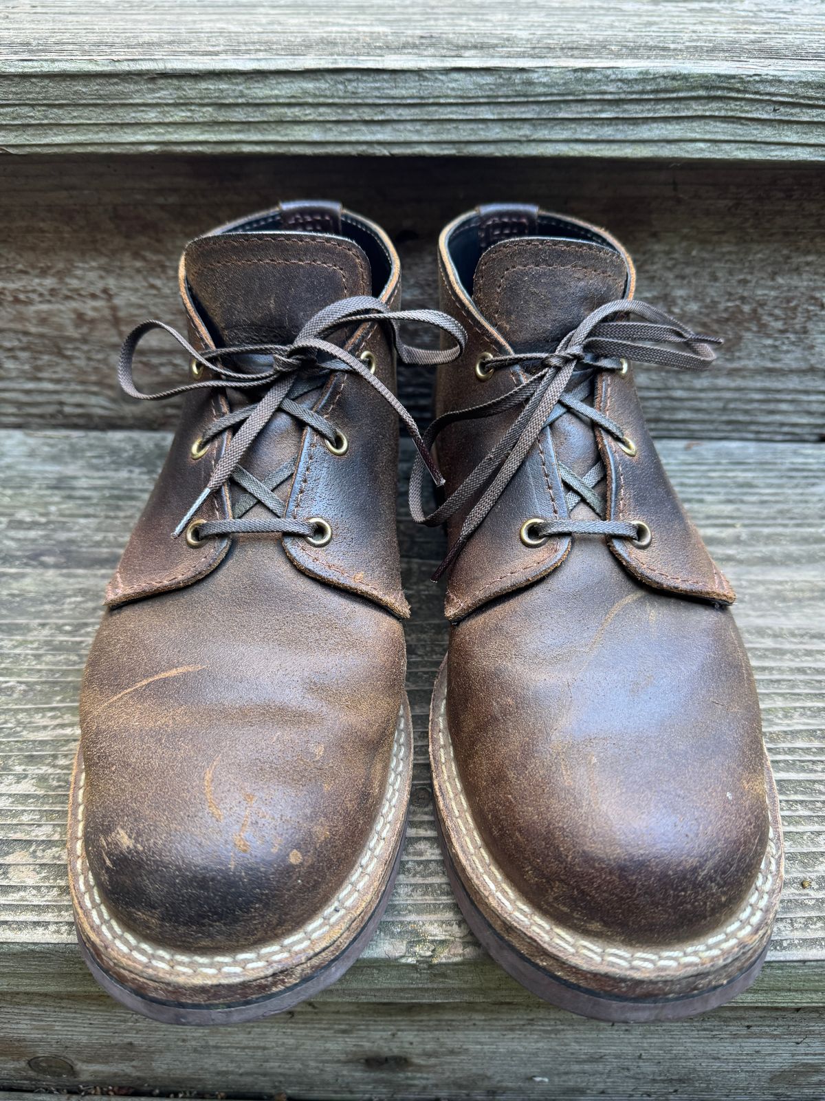 Photo by ChrisBurns670 on December 5, 2025 of the Wesco x Ship John Drake Chukka in Brown Waxed Cowhide.
