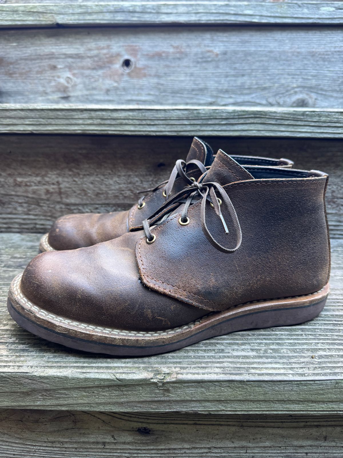 Photo by ChrisBurns670 on December 5, 2025 of the Wesco x Ship John Drake Chukka in Brown Waxed Cowhide.