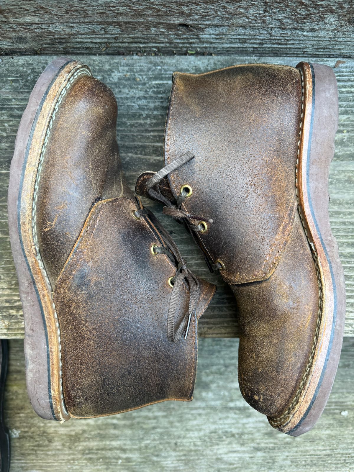 Photo by ChrisBurns670 on December 5, 2025 of the Wesco x Ship John Drake Chukka in Brown Waxed Cowhide.