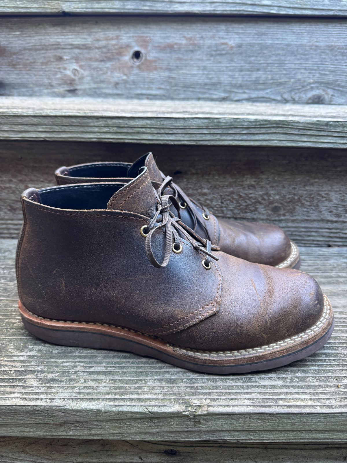 Photo by ChrisBurns670 on December 5, 2025 of the Wesco x Ship John Drake Chukka in Brown Waxed Cowhide.