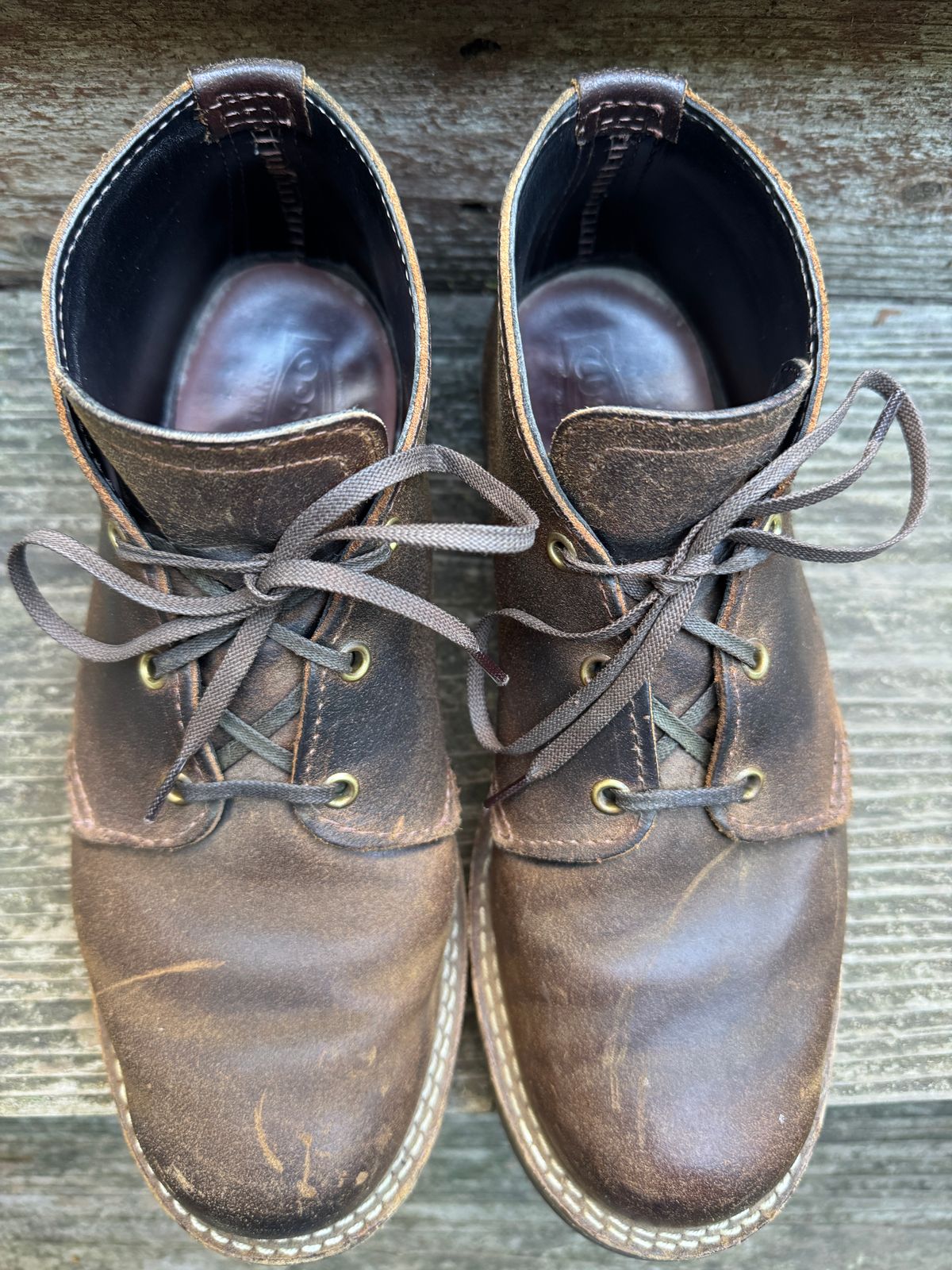 Photo by ChrisBurns670 on December 5, 2025 of the Wesco x Ship John Drake Chukka in Brown Waxed Cowhide.