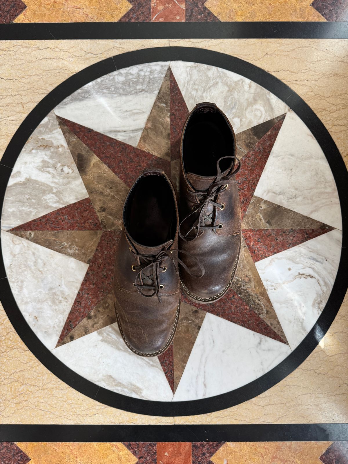 Photo by ChrisBurns670 on January 2, 2026 of the Wesco x Ship John Drake Chukka in Brown Waxed Cowhide.