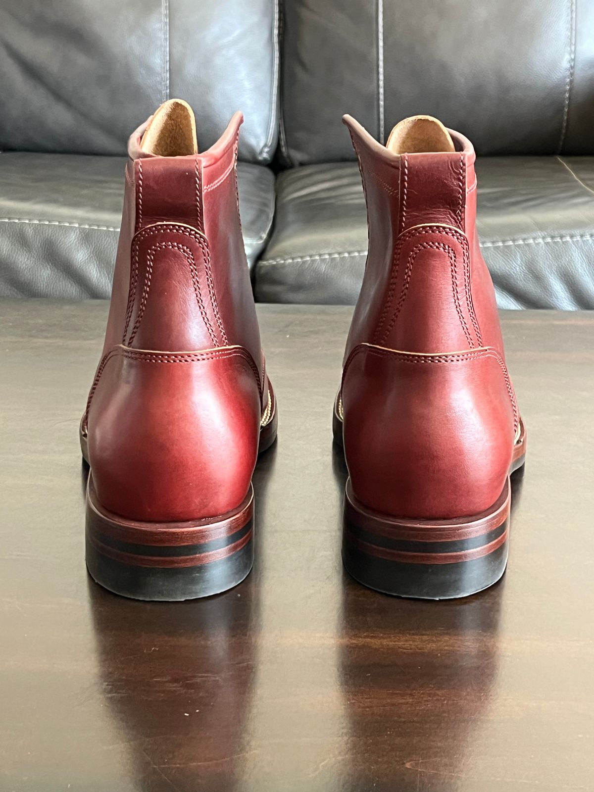 Photo by OldManSteez on November 1, 2024 of the Caswell Boot Company Garrett in Gallun Burgundy Viking Calf.