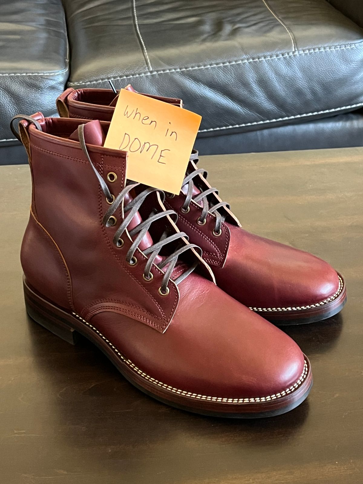 Photo by OldManSteez on November 1, 2024 of the Caswell Boot Company Garrett in Gallun Burgundy Viking Calf.