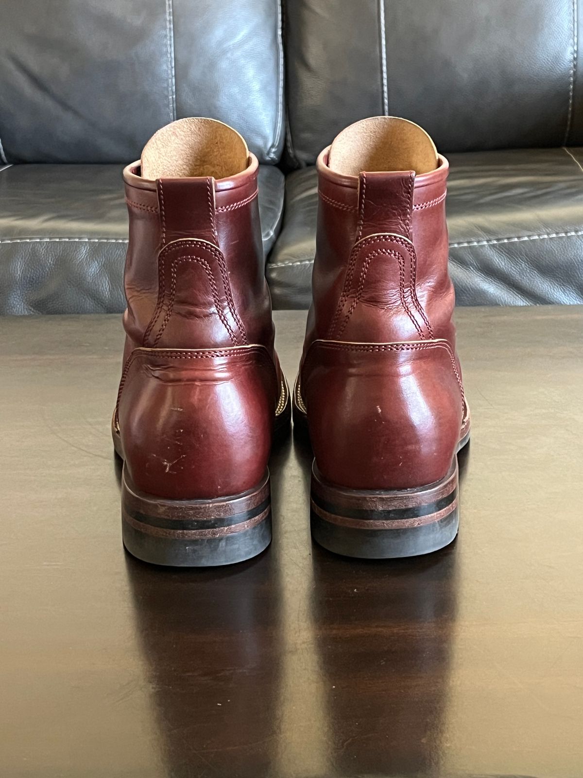 Photo by OldManSteez on December 1, 2024 of the Caswell Boot Company Garrett in Gallun Burgundy Viking Calf.