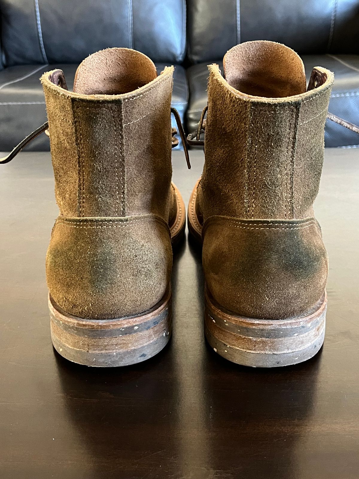 Photo by OldManSteez on January 1, 2024 of the Truman Plain Toe Boot in Dark Coyote Roughout.