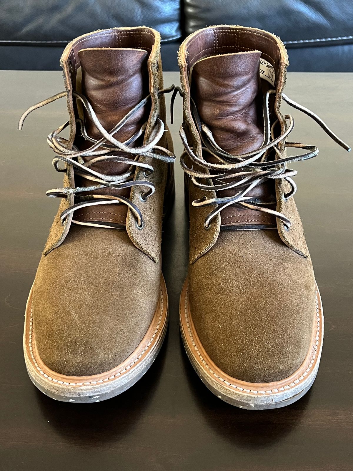 Photo by OldManSteez on January 1, 2024 of the Truman Plain Toe Boot in Dark Coyote Roughout.