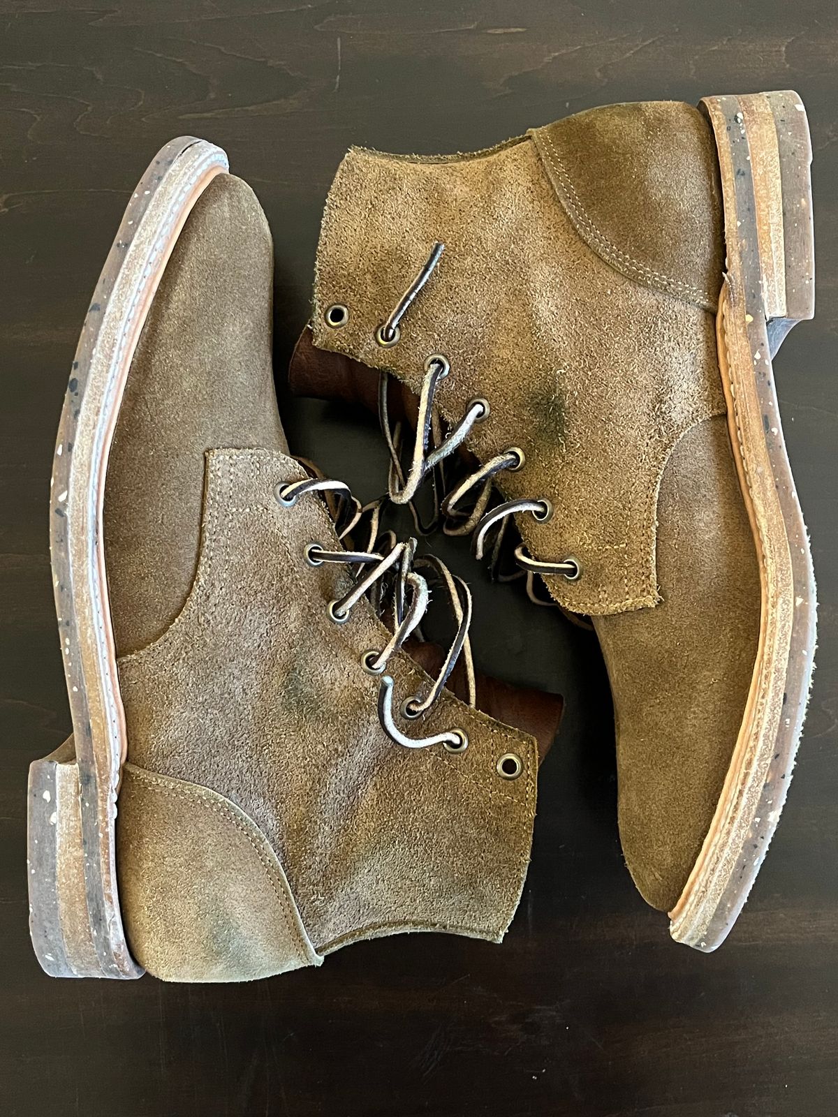 Photo by OldManSteez on January 1, 2024 of the Truman Plain Toe Boot in Dark Coyote Roughout.