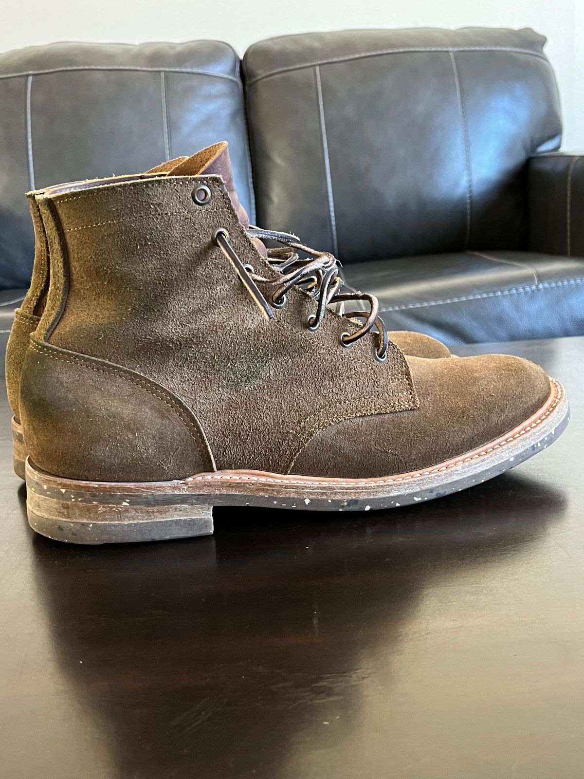 Photo by OldManSteez on January 1, 2024 of the Truman Plain Toe Boot in Dark Coyote Roughout.