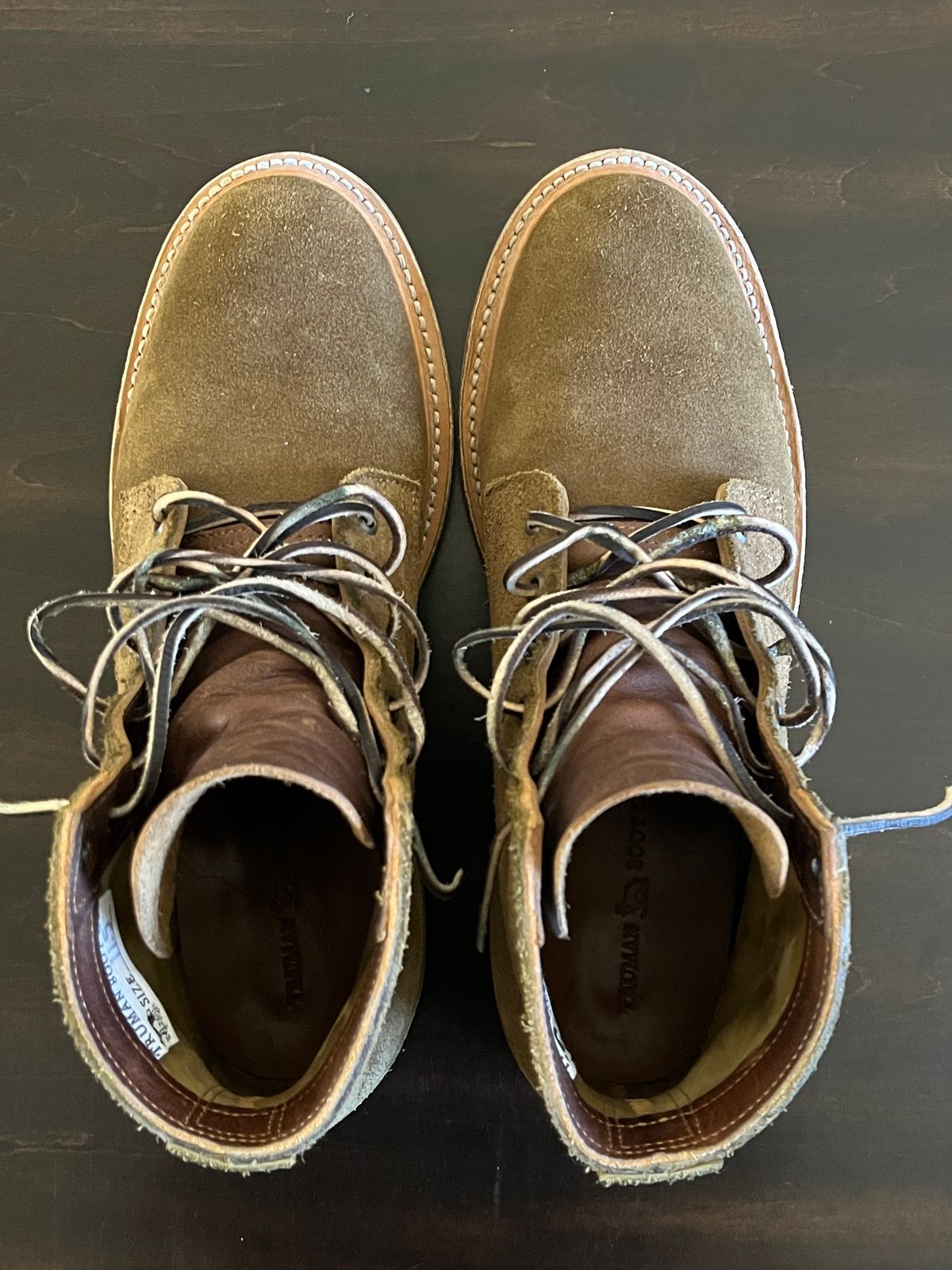 Photo by OldManSteez on January 1, 2024 of the Truman Plain Toe Boot in Dark Coyote Roughout.