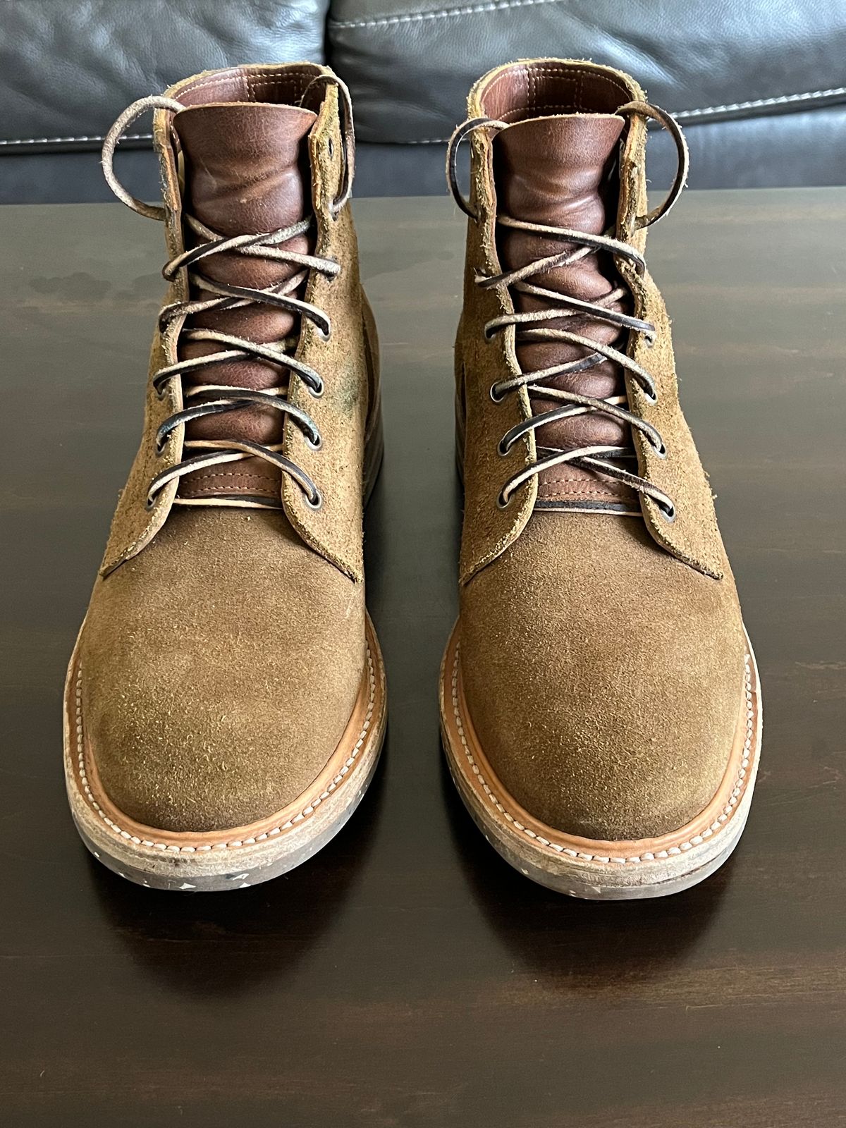 Photo by OldManSteez on February 3, 2024 of the Truman Plain Toe Boot in Dark Coyote Roughout.