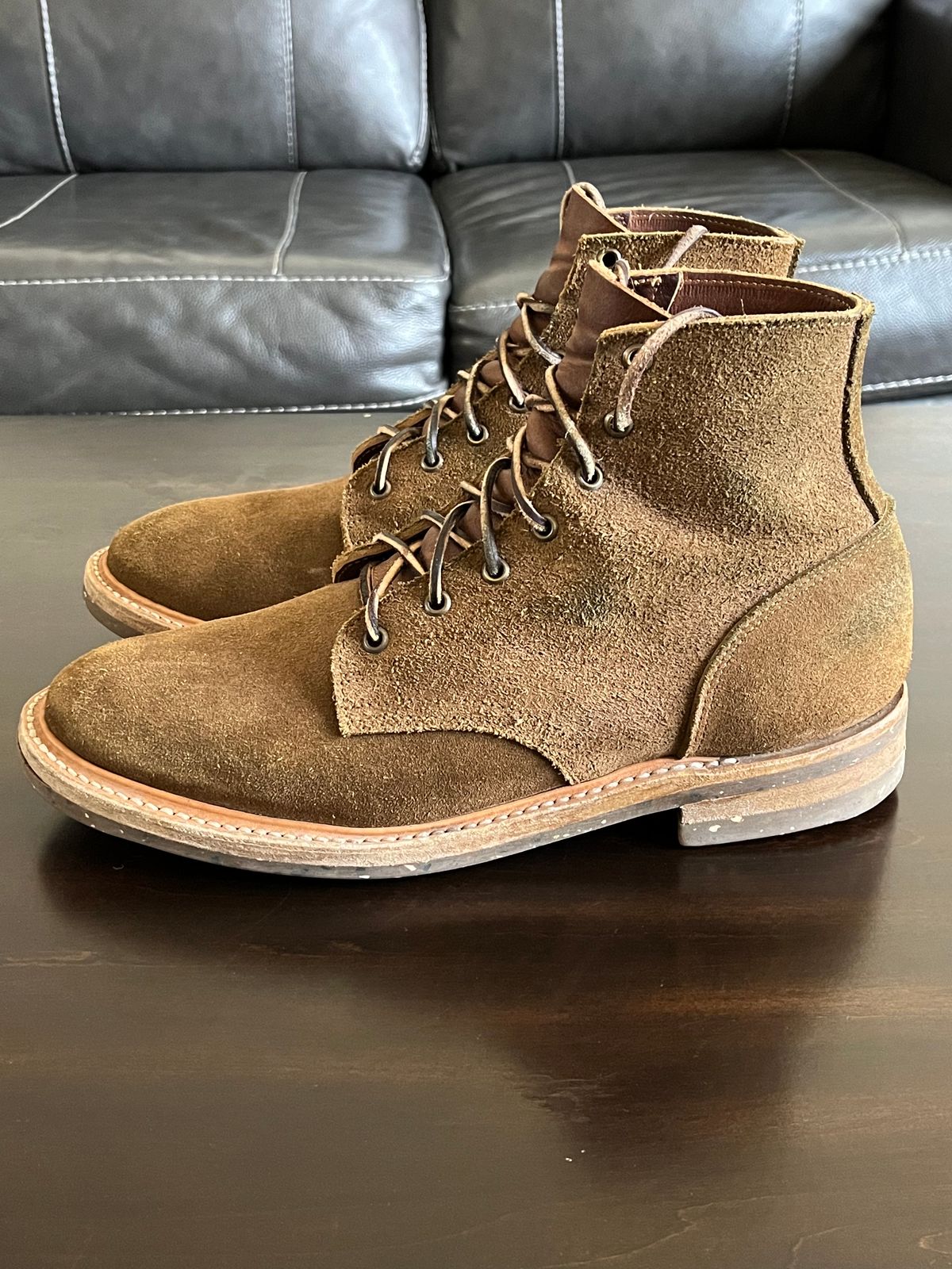 Photo by OldManSteez on February 3, 2024 of the Truman Plain Toe Boot in Dark Coyote Roughout.