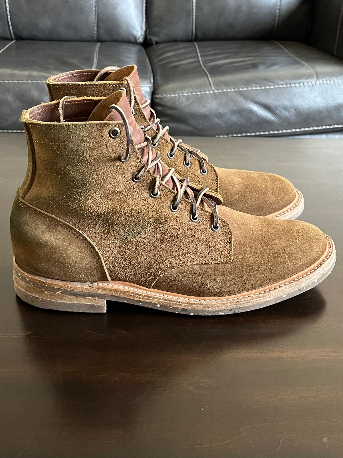 Photo by OldManSteez on February 3, 2024 of the Truman Plain Toe Boot in Dark Coyote Roughout.