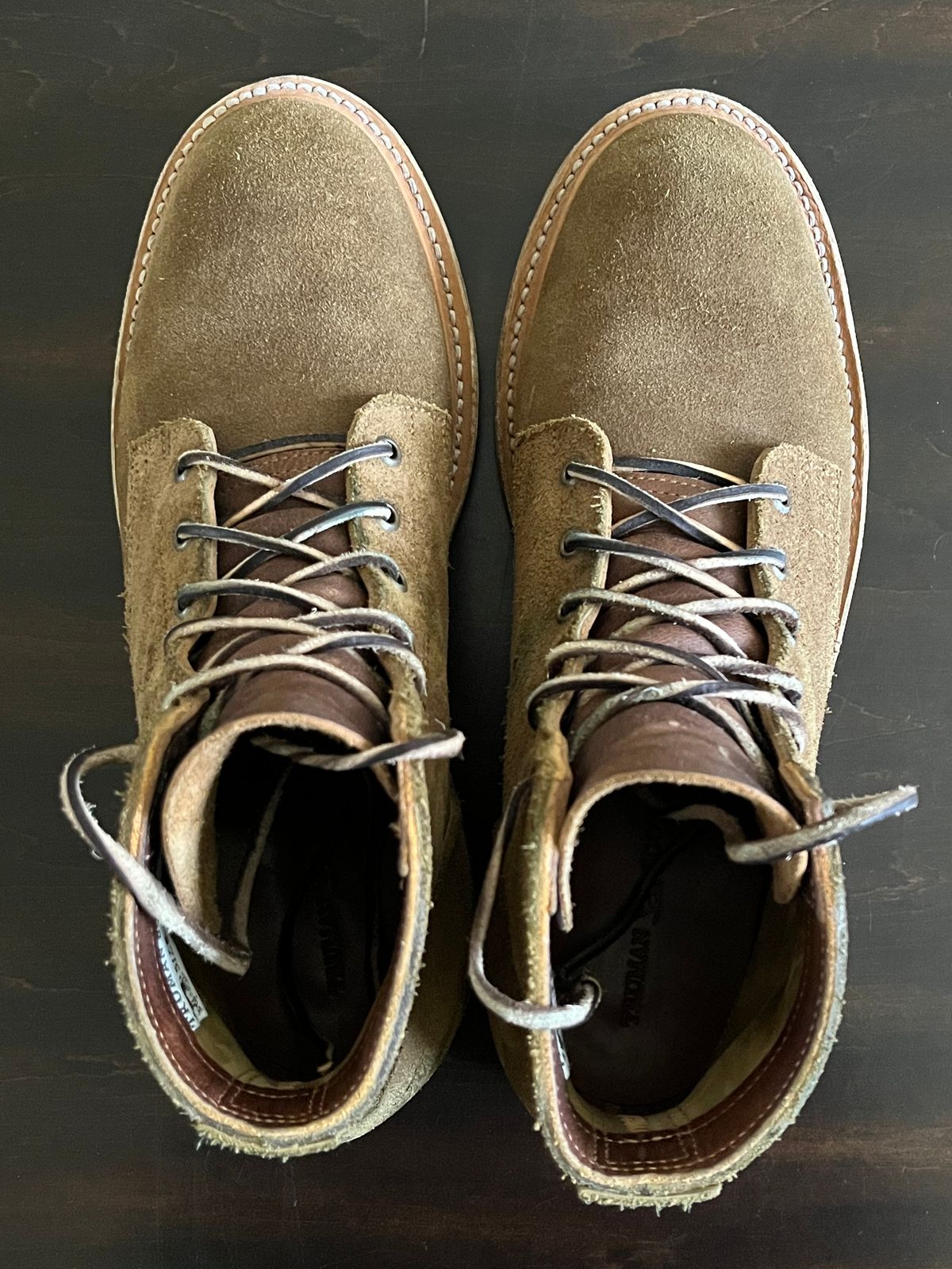 Photo by OldManSteez on February 3, 2024 of the Truman Plain Toe Boot in Dark Coyote Roughout.