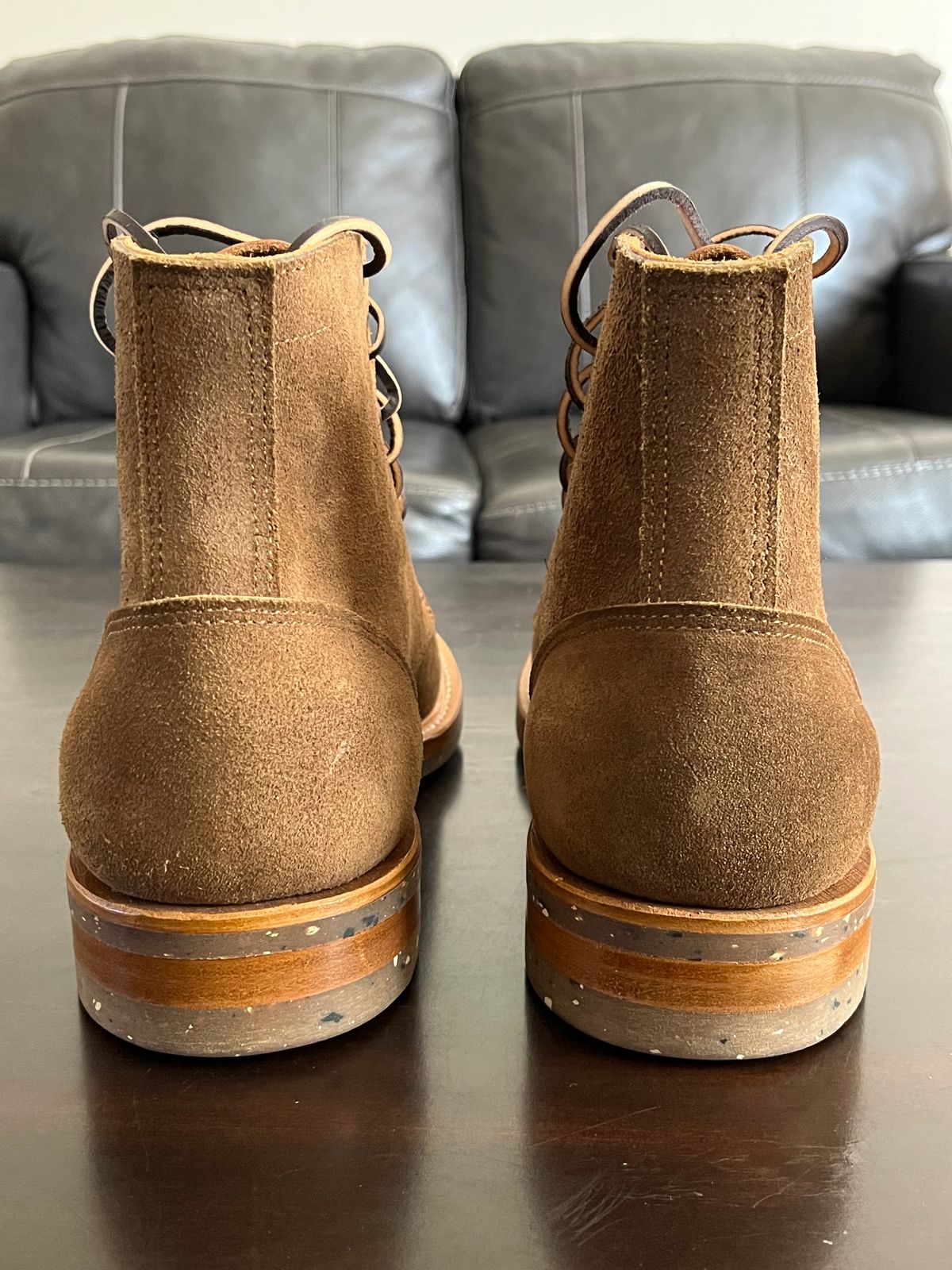 Photo by OldManSteez on November 1, 2023 of the Truman Plain Toe Boot in Dark Coyote Roughout.