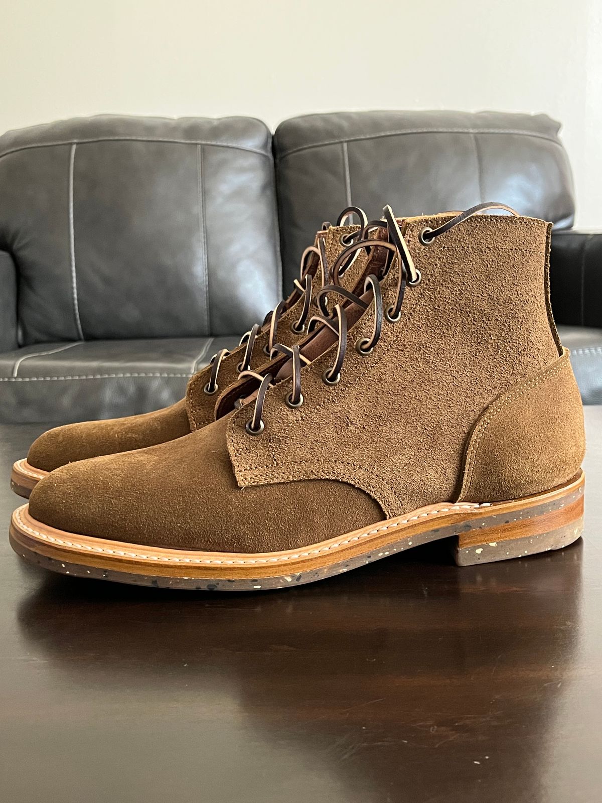 Photo by OldManSteez on November 1, 2023 of the Truman Plain Toe Boot in Dark Coyote Roughout.