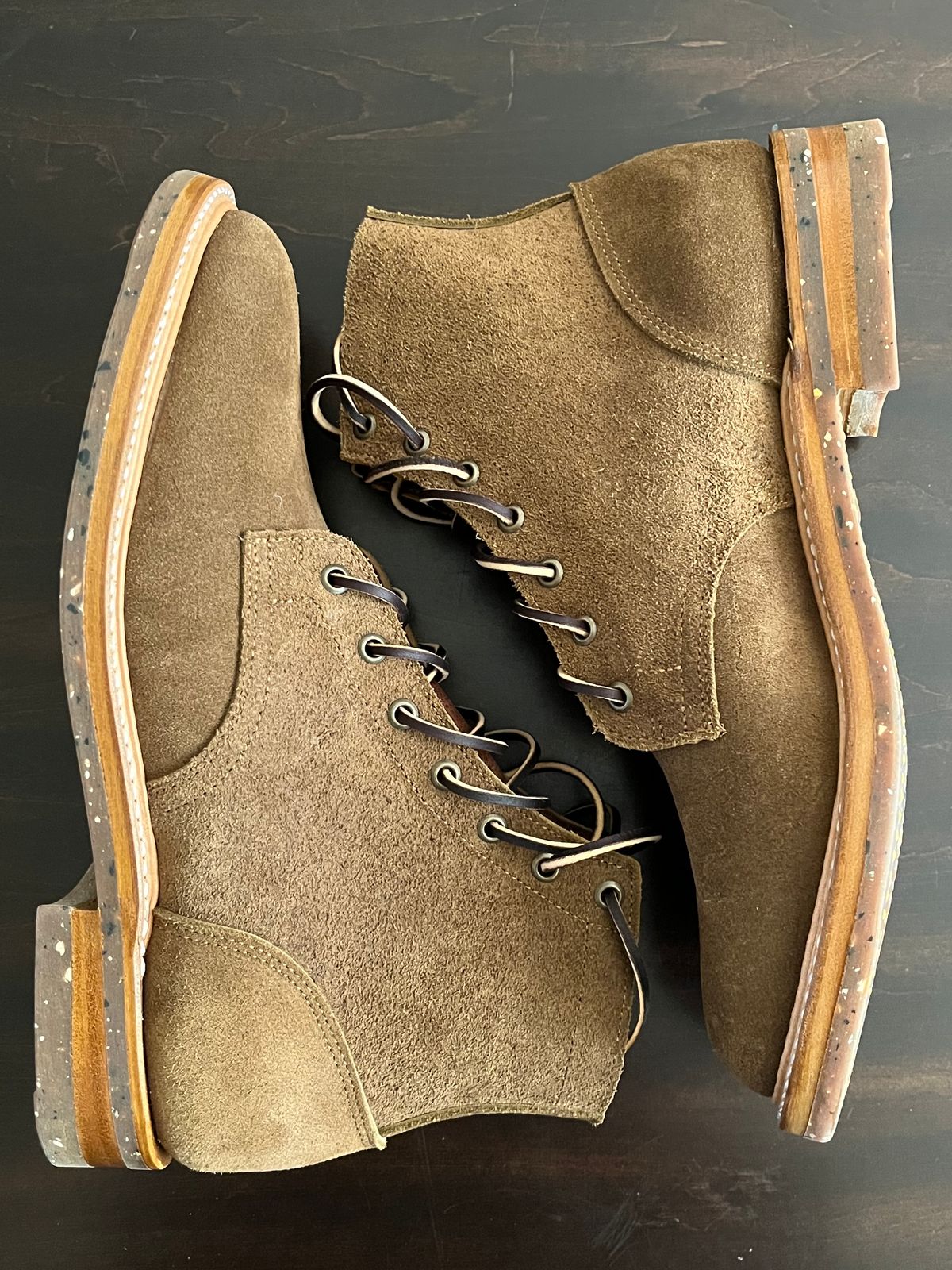 Photo by OldManSteez on November 1, 2023 of the Truman Plain Toe Boot in Dark Coyote Roughout.