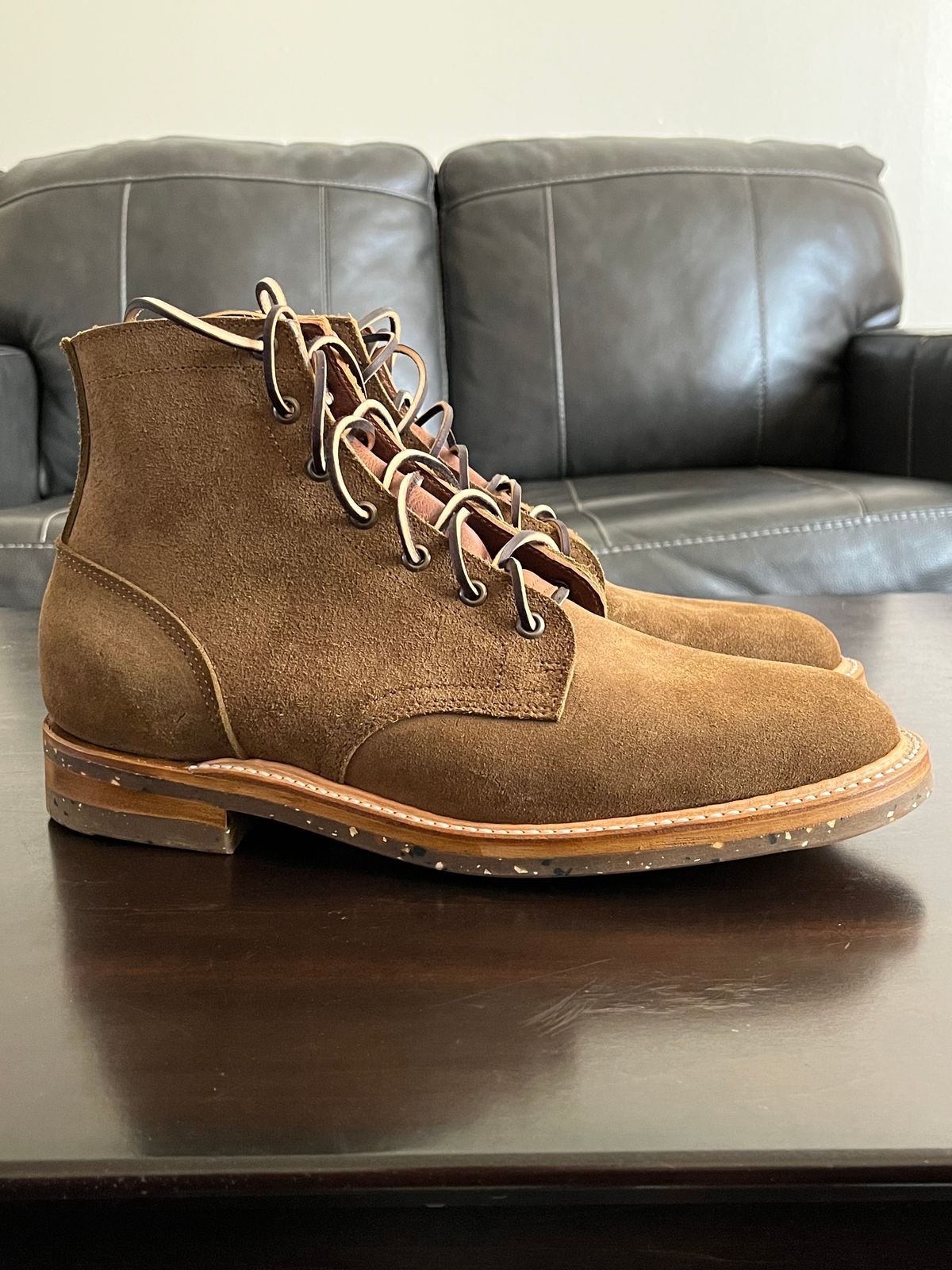 Photo by OldManSteez on November 1, 2023 of the Truman Plain Toe Boot in Dark Coyote Roughout.