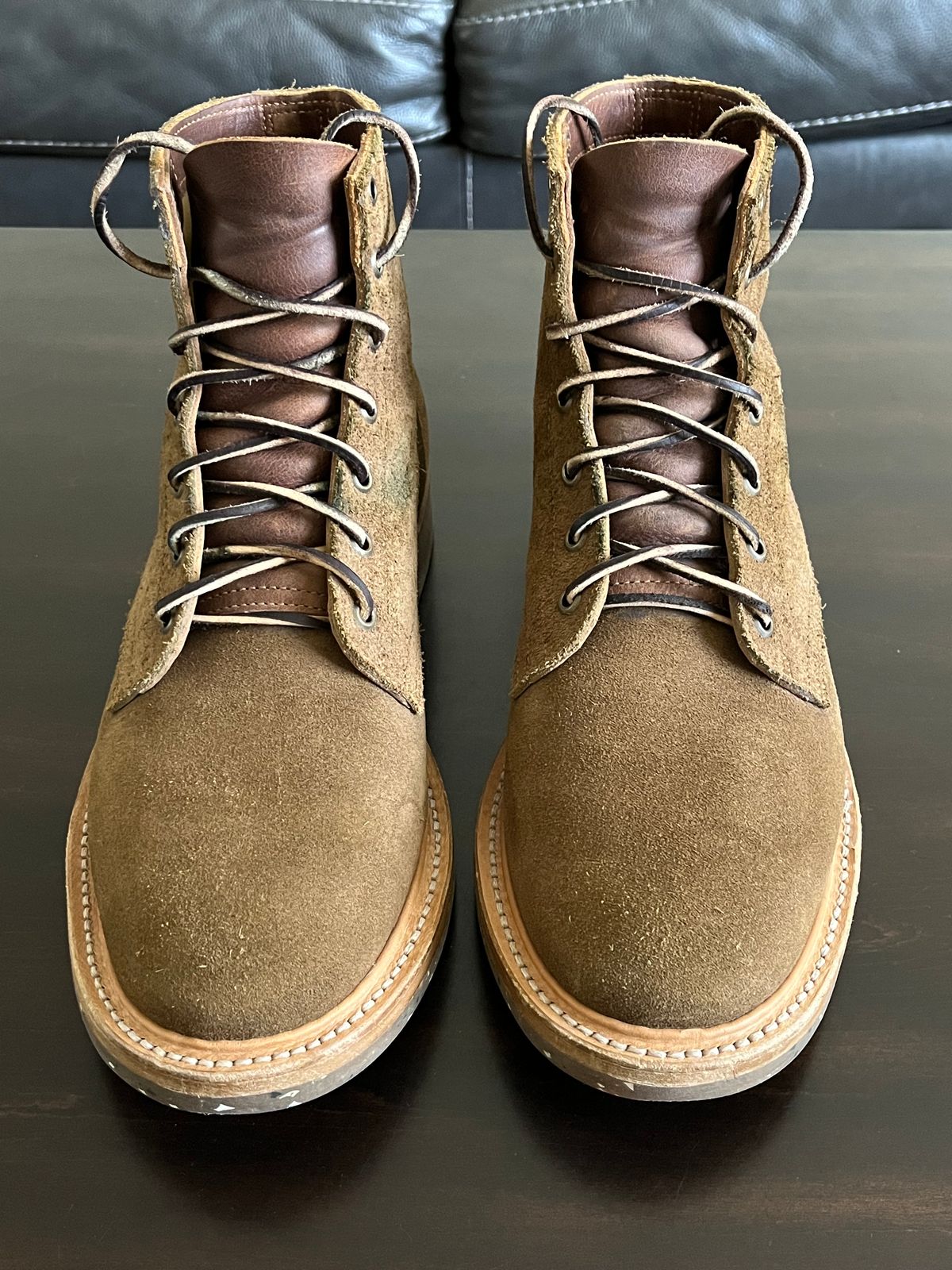 Photo by OldManSteez on December 1, 2023 of the Truman Plain Toe Boot in Dark Coyote Roughout.