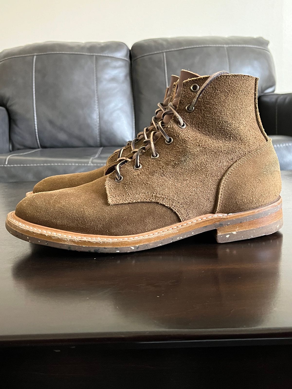 Photo by OldManSteez on December 1, 2023 of the Truman Plain Toe Boot in Dark Coyote Roughout.