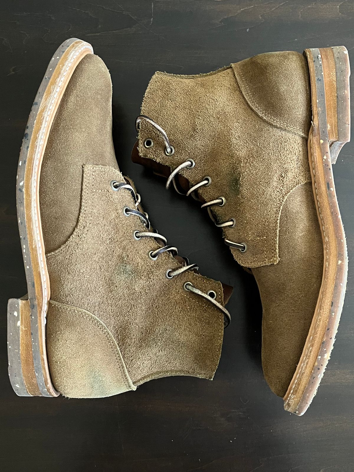 Photo by OldManSteez on December 1, 2023 of the Truman Plain Toe Boot in Dark Coyote Roughout.