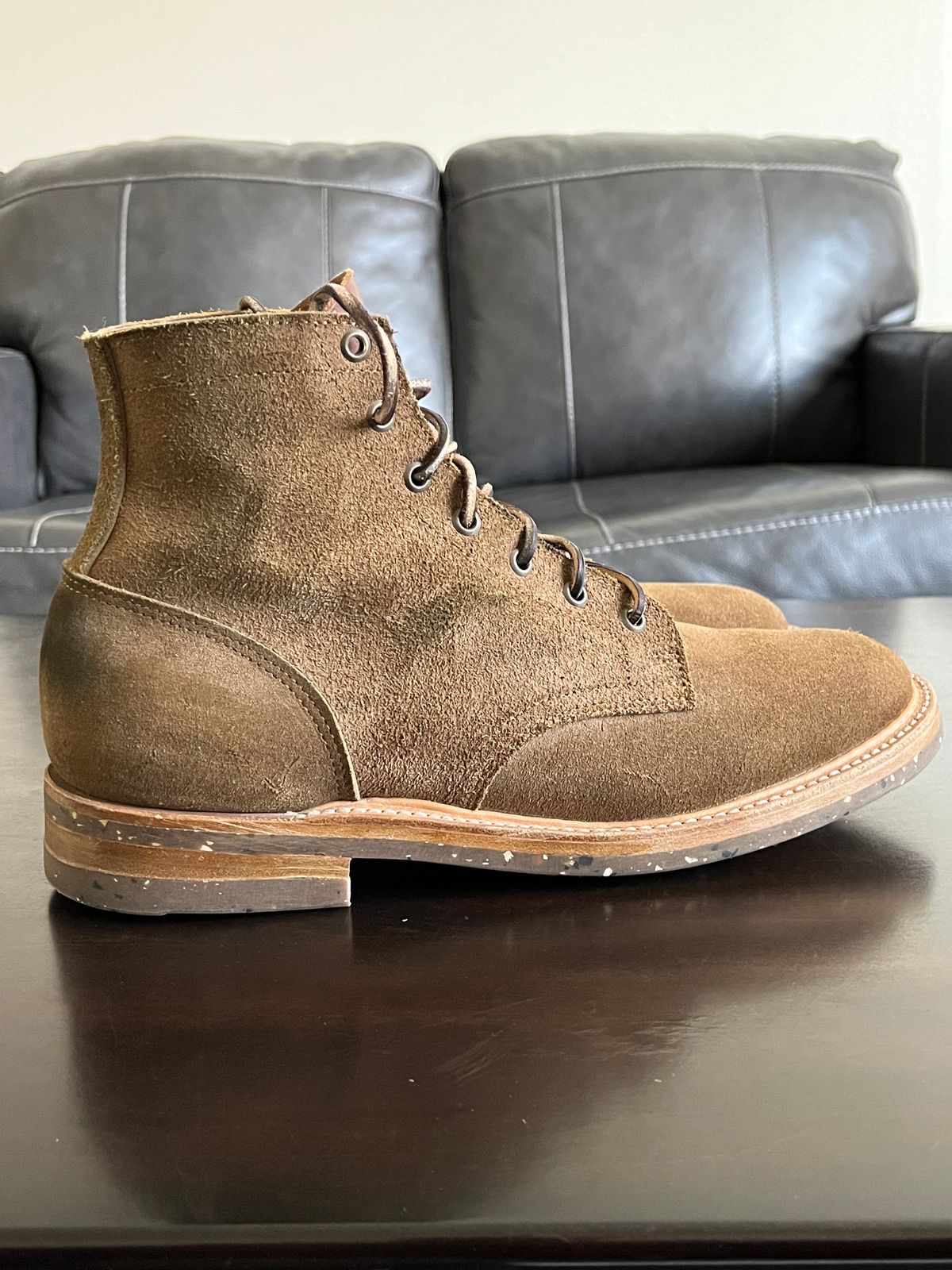 Photo by OldManSteez on December 1, 2023 of the Truman Plain Toe Boot in Dark Coyote Roughout.