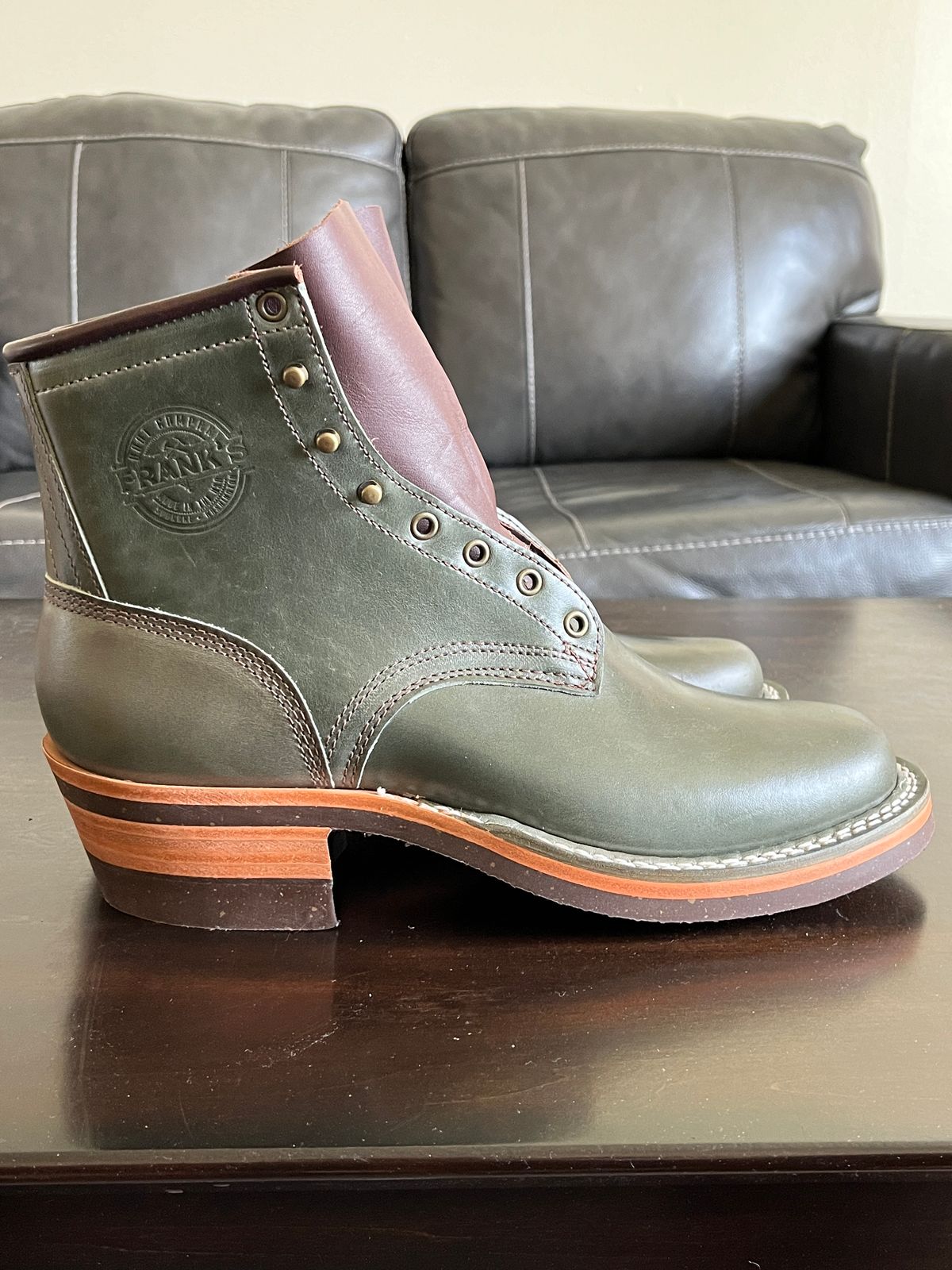 Photo by OldManSteez on June 19, 2024 of the Frank's Boots Wilshire in Maryam Olive TPR Horsehide.