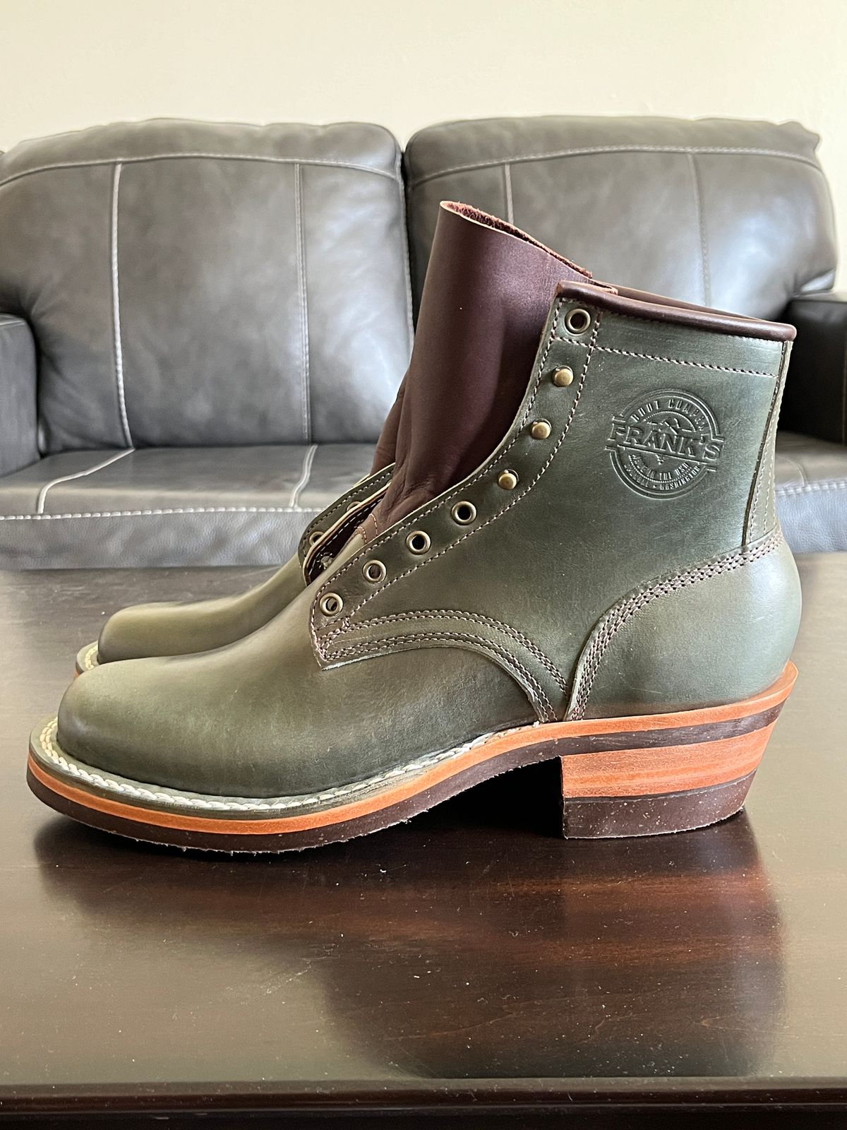 Photo by OldManSteez on June 19, 2024 of the Frank's Boots Wilshire in Maryam Olive TPR Horsehide.