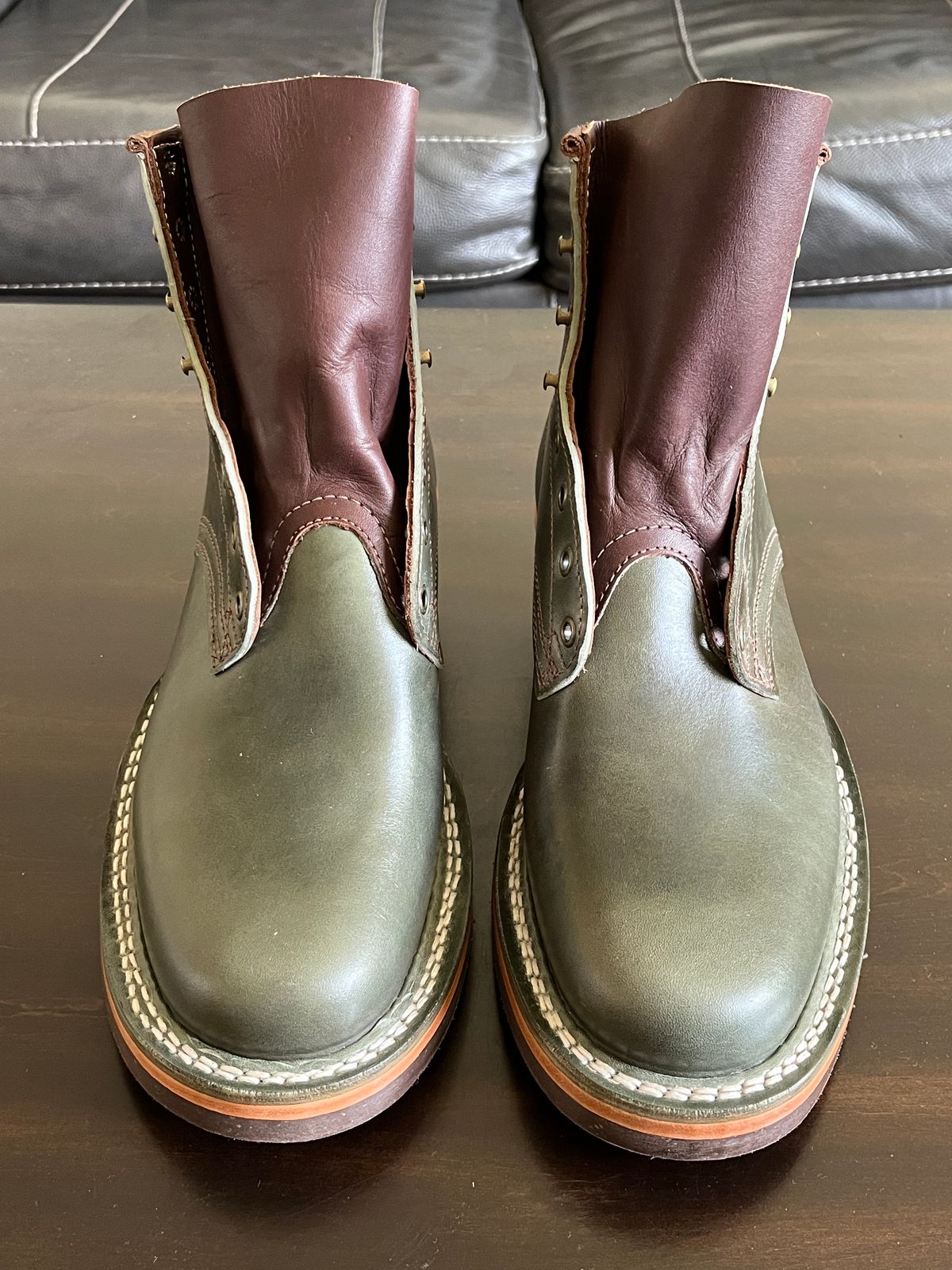 Photo by OldManSteez on June 19, 2024 of the Frank's Boots Wilshire in Maryam Olive TPR Horsehide.