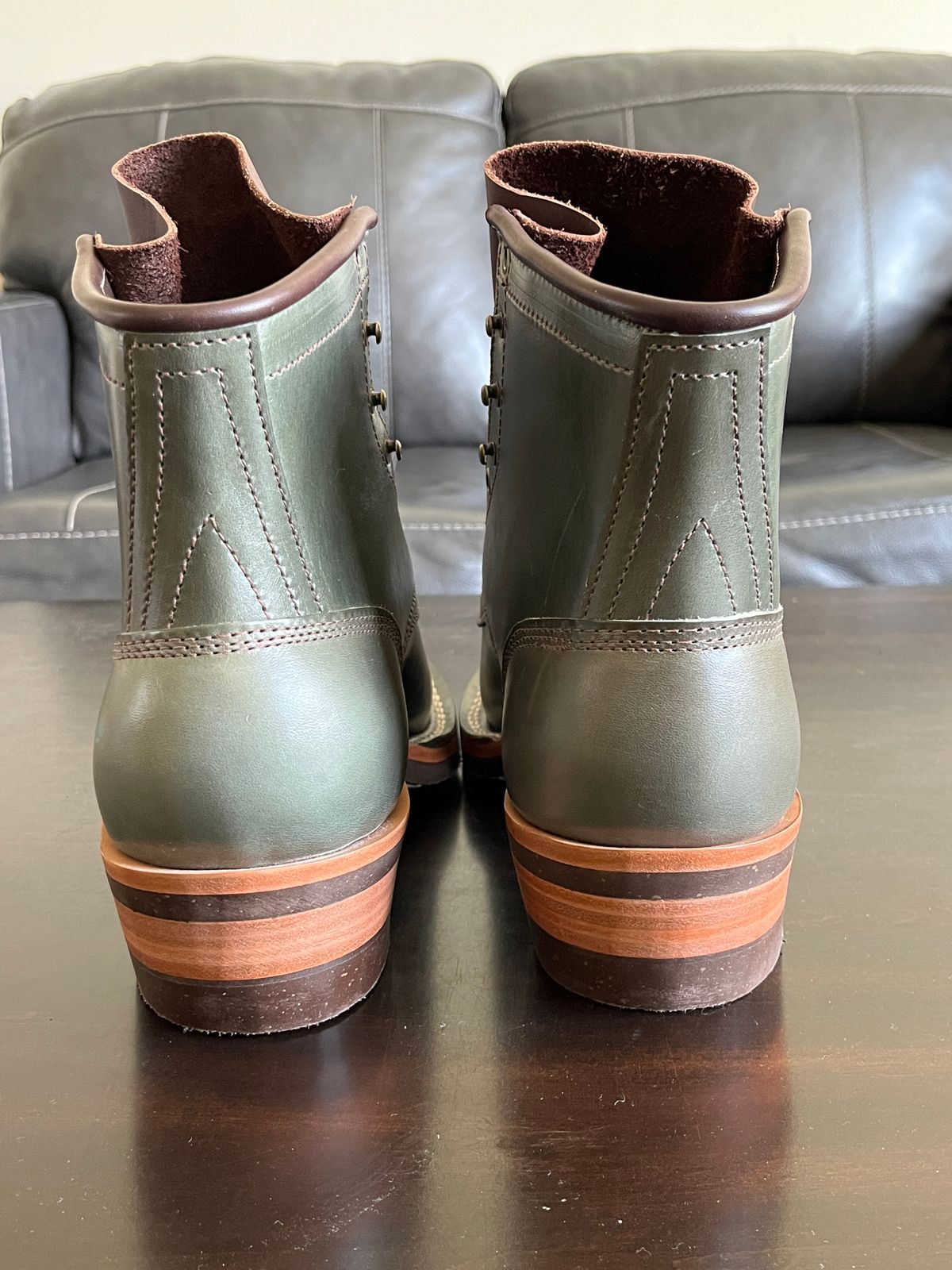 Photo by OldManSteez on June 19, 2024 of the Frank's Boots Wilshire in Maryam Olive TPR Horsehide.