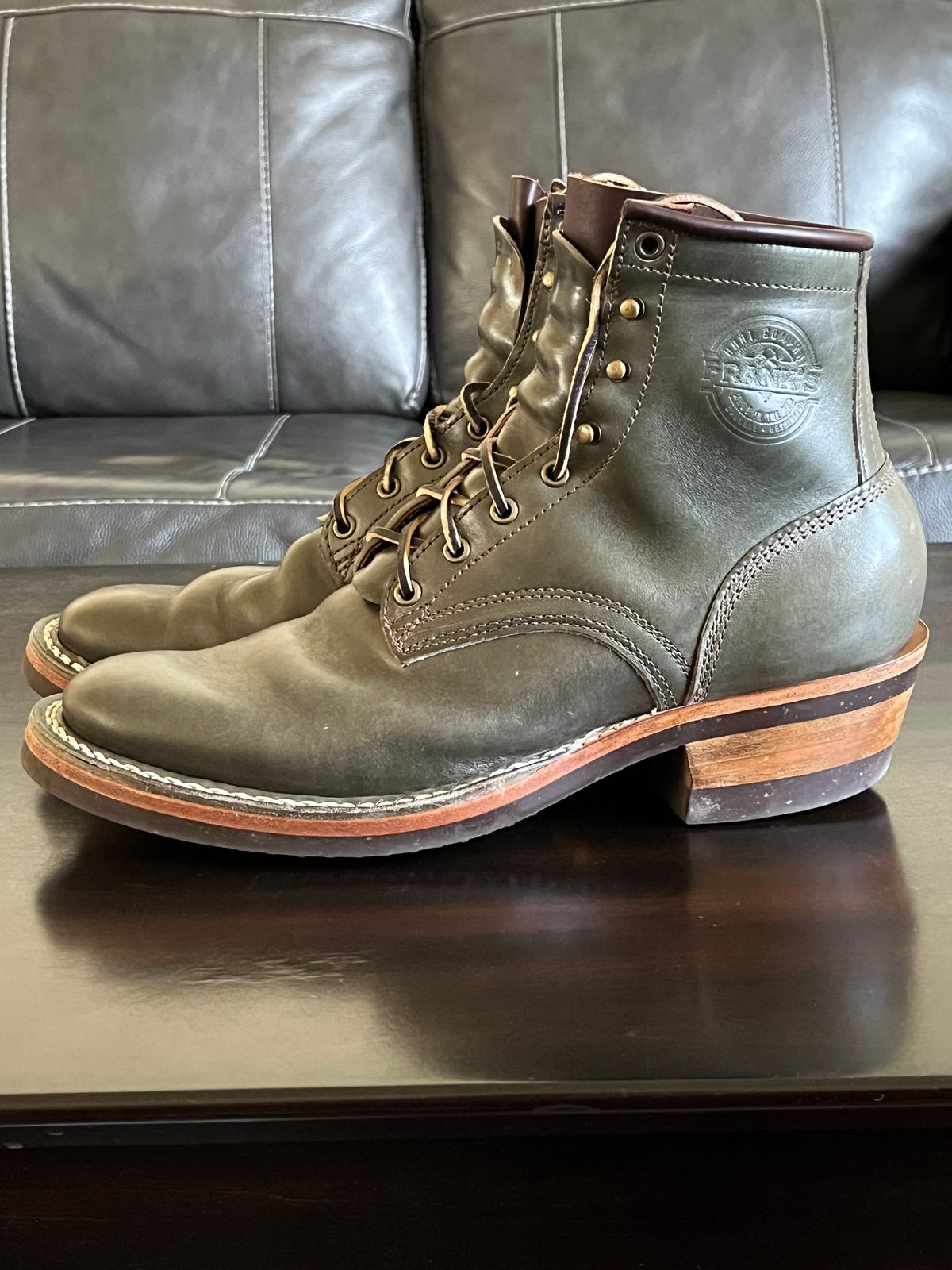 Photo by OldManSteez on September 15, 2024 of the Frank's Boots Wilshire in Maryam Olive TPR Horsehide.