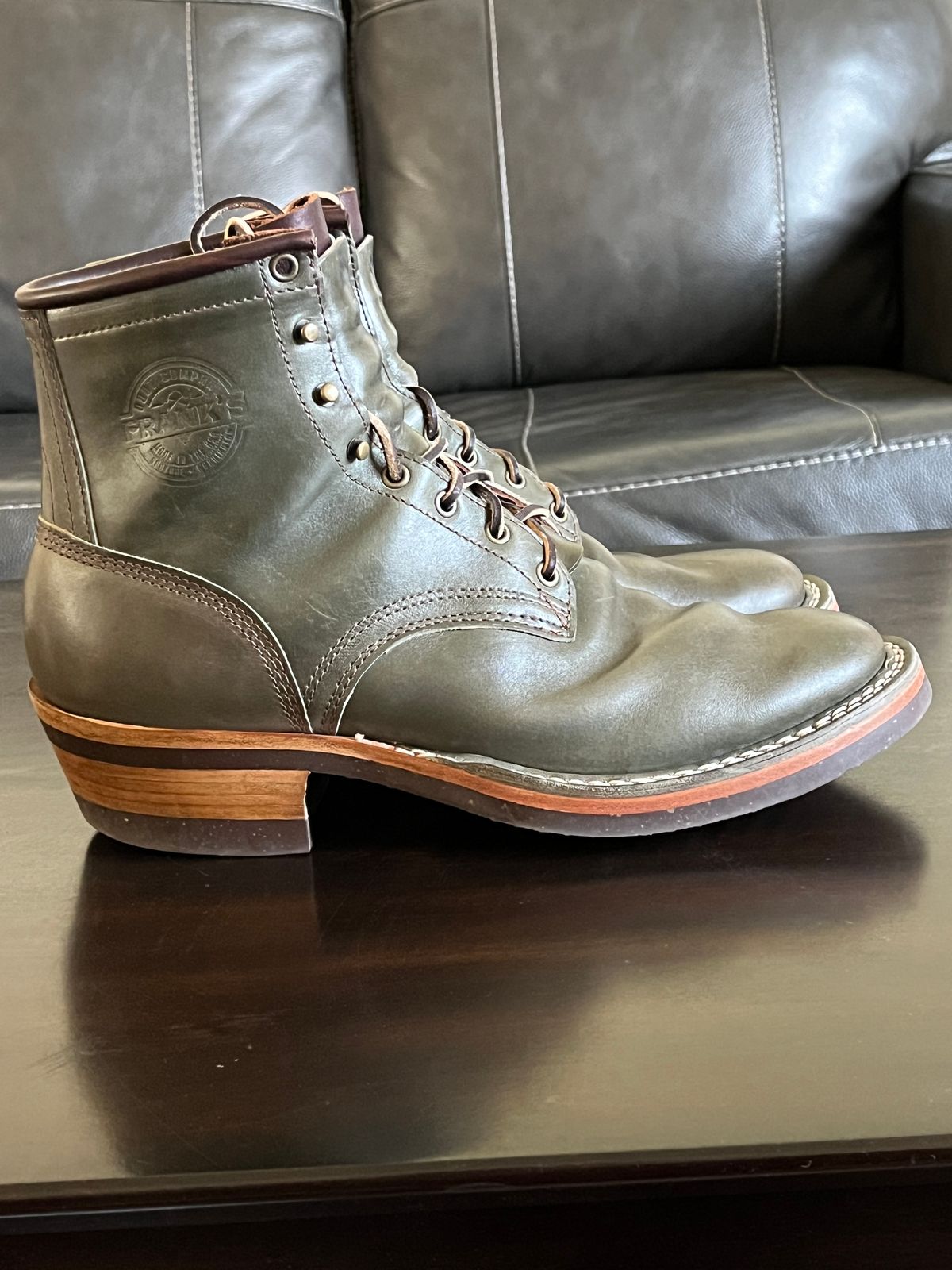 Photo by OldManSteez on September 15, 2024 of the Frank's Boots Wilshire in Maryam Olive TPR Horsehide.