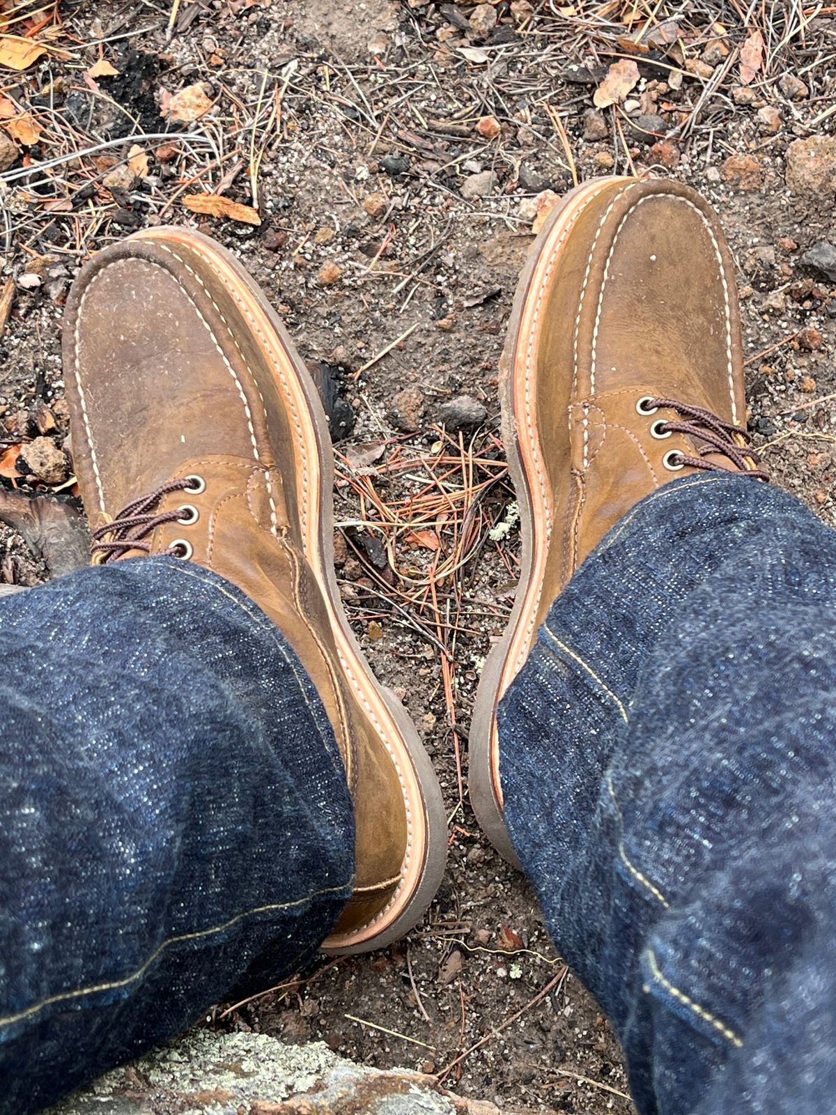 Photo by OldManSteez on June 21, 2024 of the Russell Moccasin Co. Backcountry in Horween Bronze Chamois.