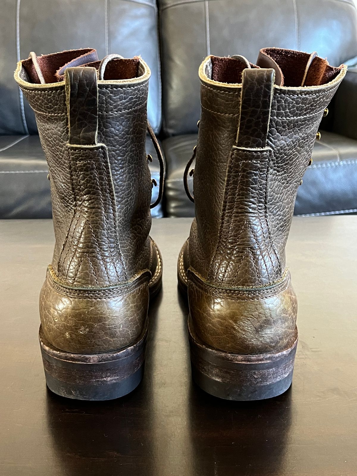 Photo by OldManSteez on January 1, 2024 of the Nicks Lace Up Heritage in Law Tanning Olive Smooth Shruken Bison.