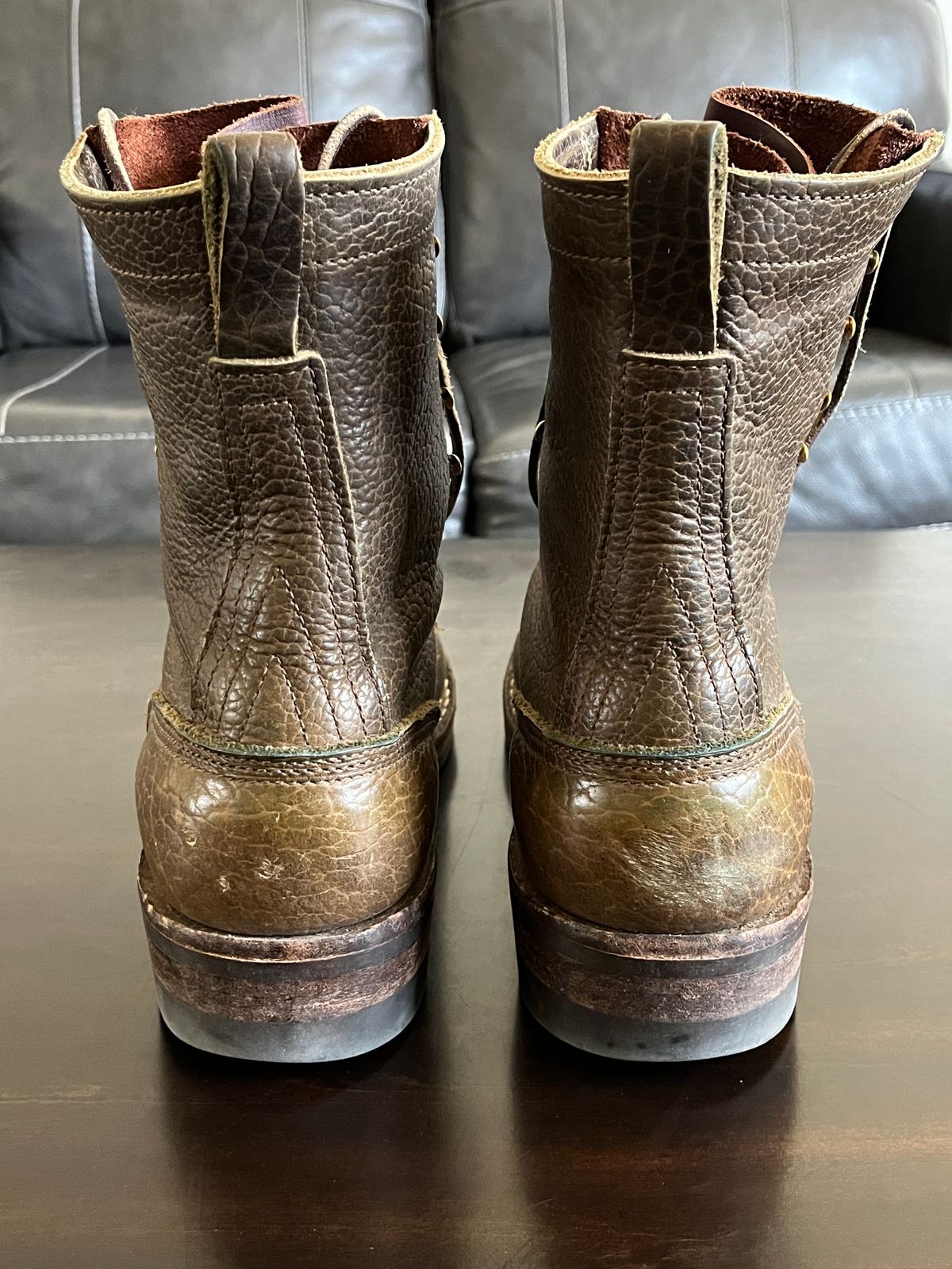 Photo by OldManSteez on February 3, 2024 of the Nicks Lace Up Heritage in Law Tanning Olive Smooth Shruken Bison.