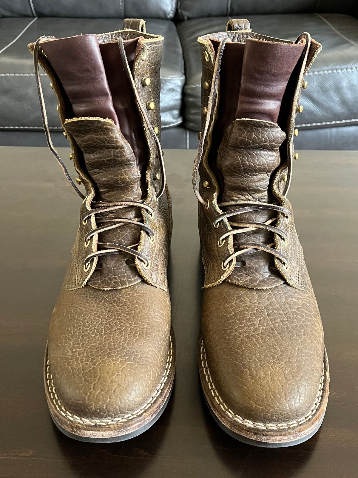 Photo by OldManSteez on February 3, 2024 of the Nicks Lace Up Heritage in Law Tanning Olive Smooth Shruken Bison.