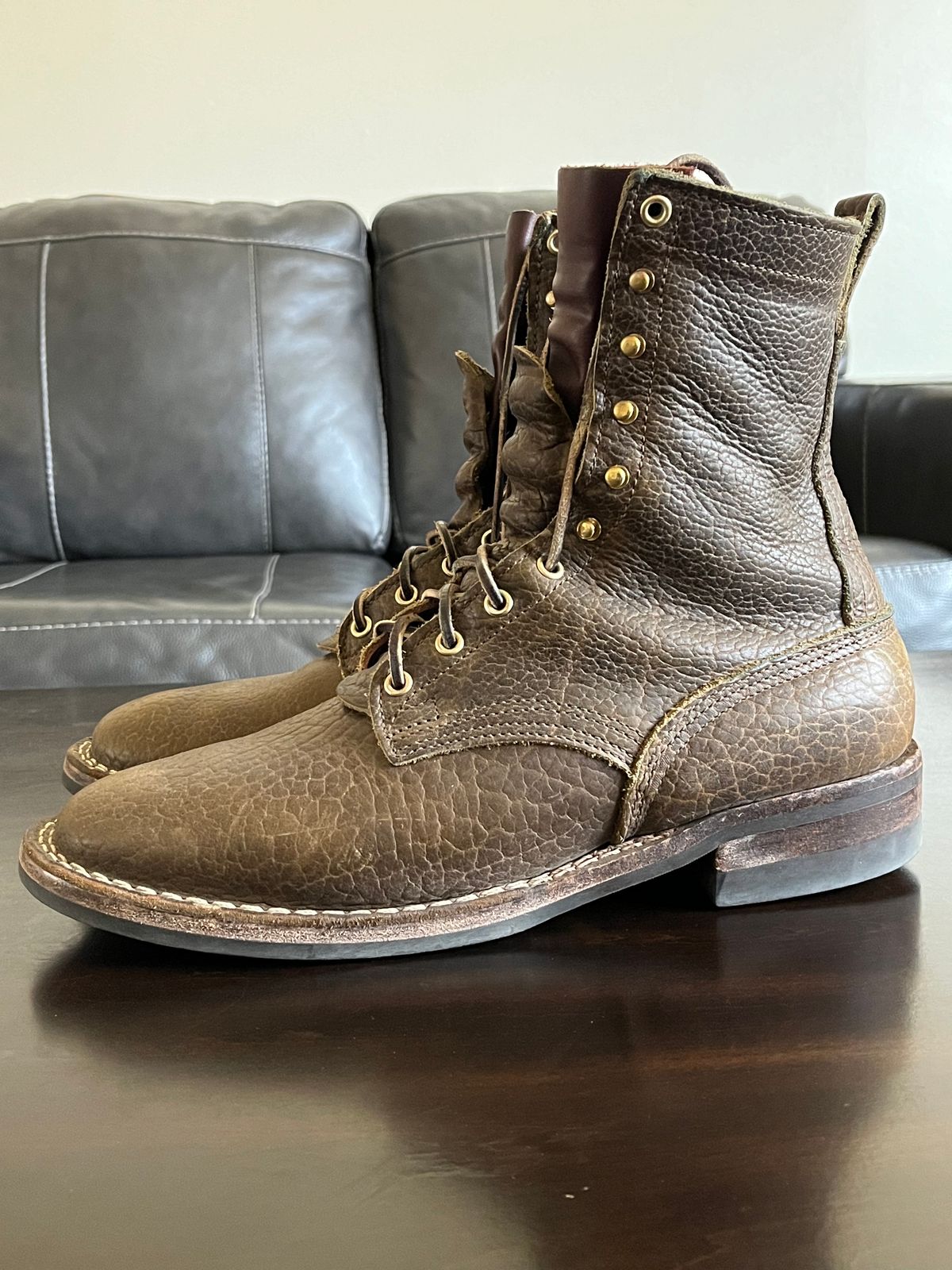 Photo by OldManSteez on February 3, 2024 of the Nicks Lace Up Heritage in Law Tanning Olive Smooth Shruken Bison.