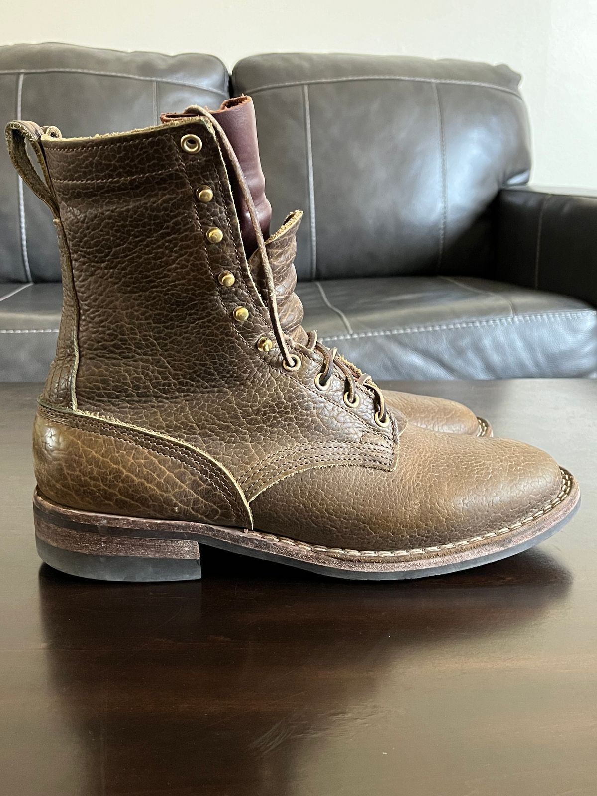 Photo by OldManSteez on February 3, 2024 of the Nicks Lace Up Heritage in Law Tanning Olive Smooth Shruken Bison.