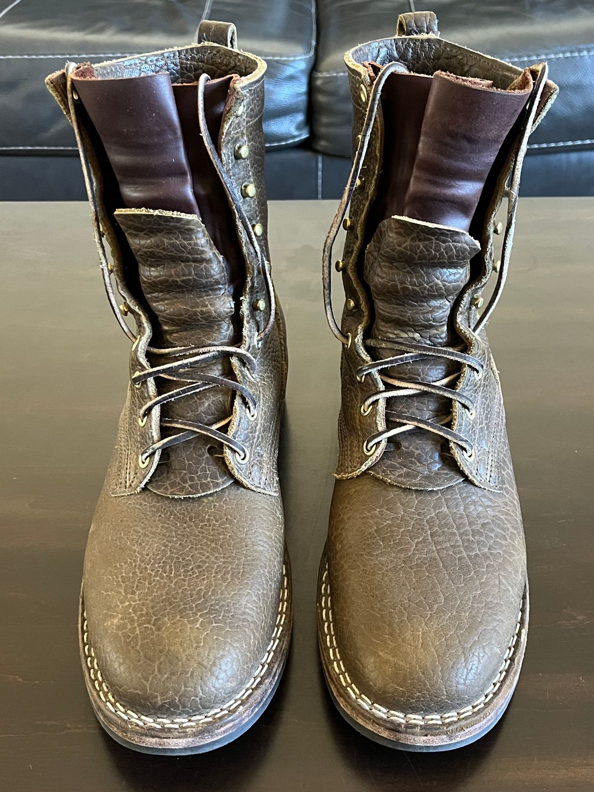 Photo by OldManSteez on March 2, 2024 of the Nicks Lace Up Heritage in Law Tanning Olive Smooth Shruken Bison.