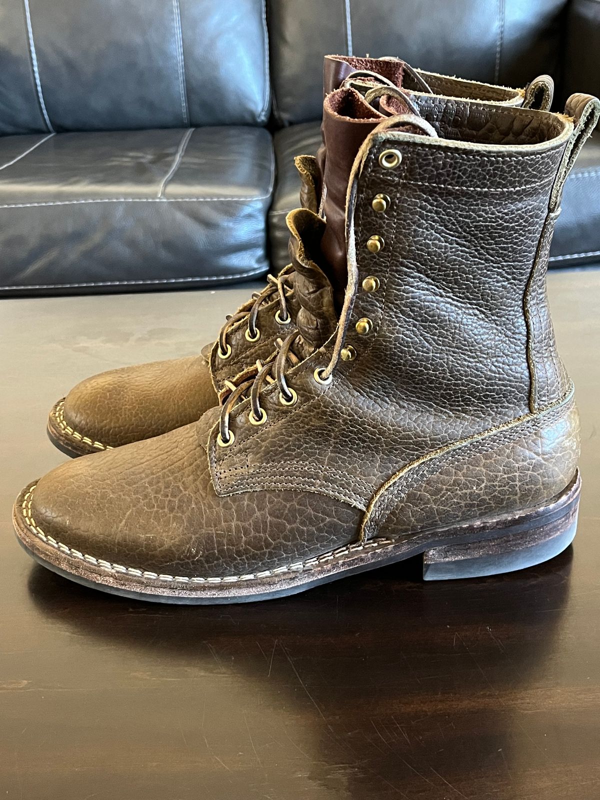 Photo by OldManSteez on March 2, 2024 of the Nicks Lace Up Heritage in Law Tanning Olive Smooth Shruken Bison.