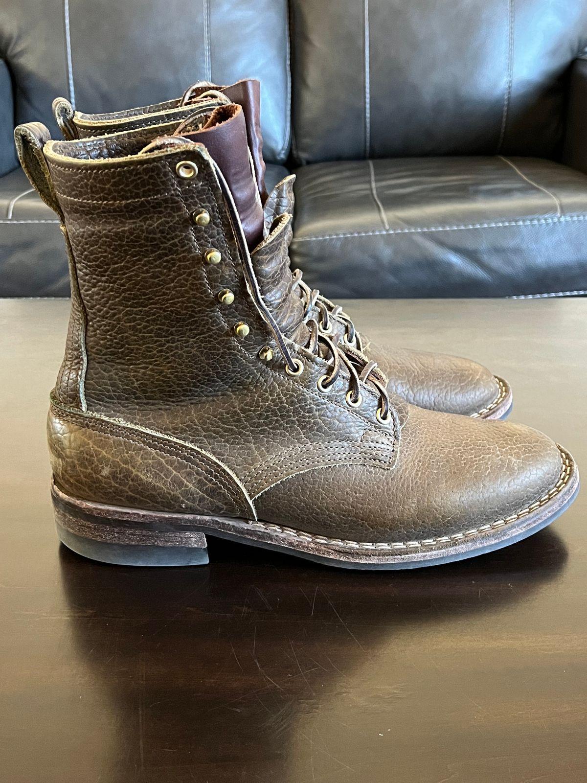 Photo by OldManSteez on March 2, 2024 of the Nicks Lace Up Heritage in Law Tanning Olive Smooth Shruken Bison.