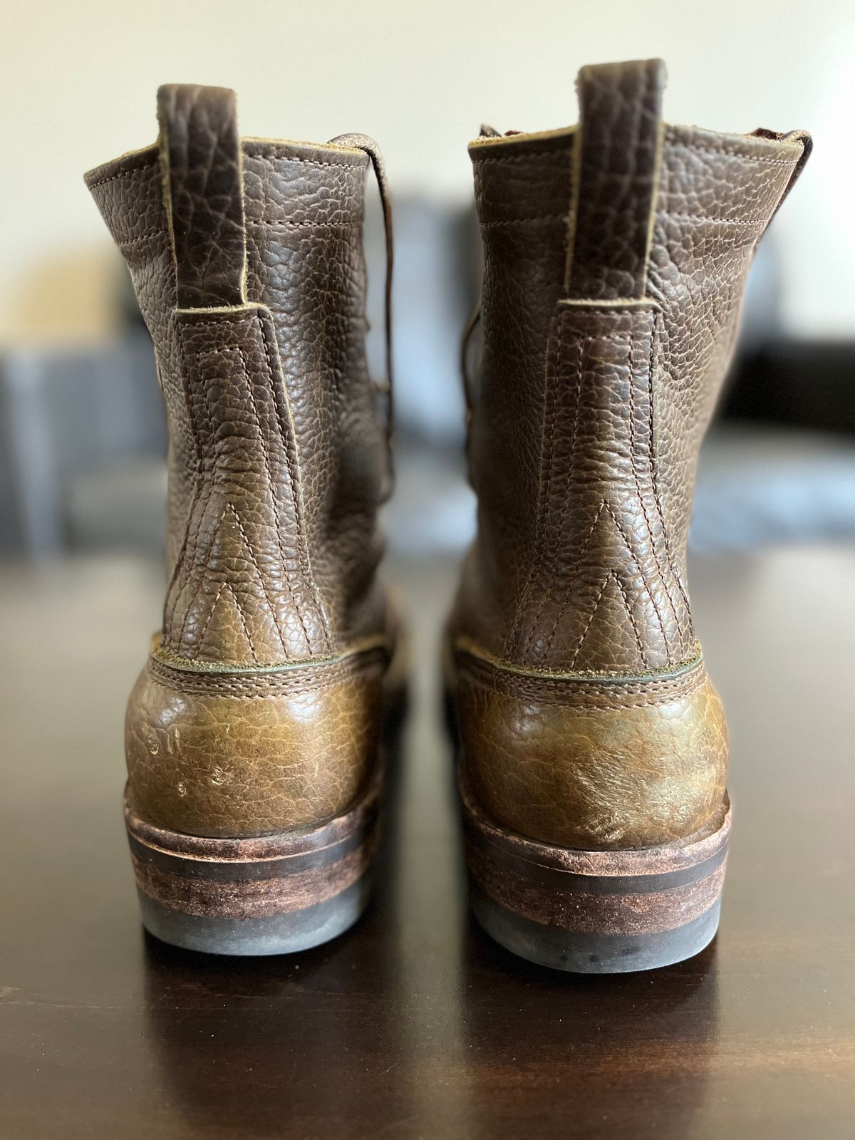 Photo by OldManSteez on April 1, 2024 of the Nicks Lace Up Heritage in Law Tanning Olive Smooth Shruken Bison.