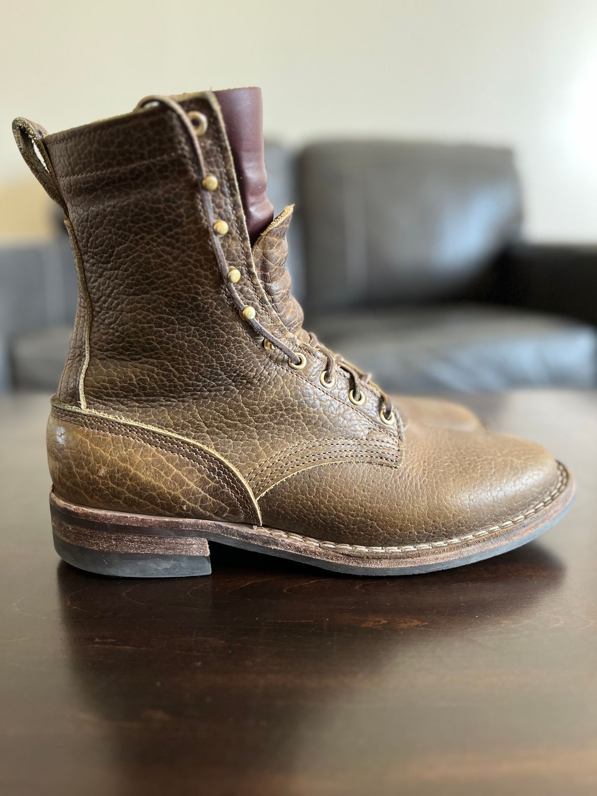 Photo by OldManSteez on April 1, 2024 of the Nicks Lace Up Heritage in Law Tanning Olive Smooth Shruken Bison.