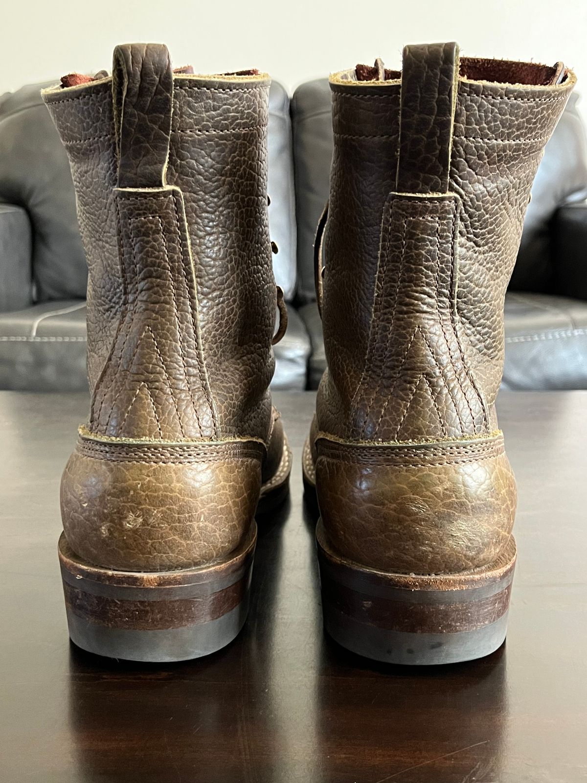 Photo by OldManSteez on November 1, 2023 of the Nicks Lace Up Heritage in Law Tanning Olive Smooth Shruken Bison.