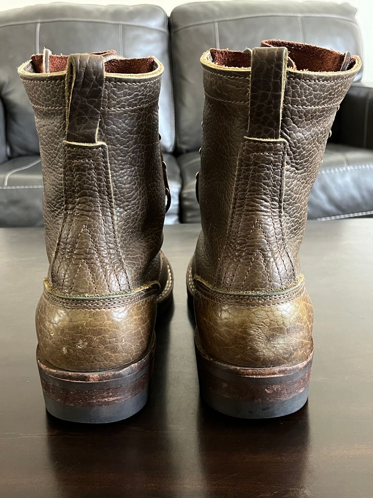Photo by OldManSteez on December 1, 2023 of the Nicks Lace Up Heritage in Law Tanning Olive Smooth Shruken Bison.