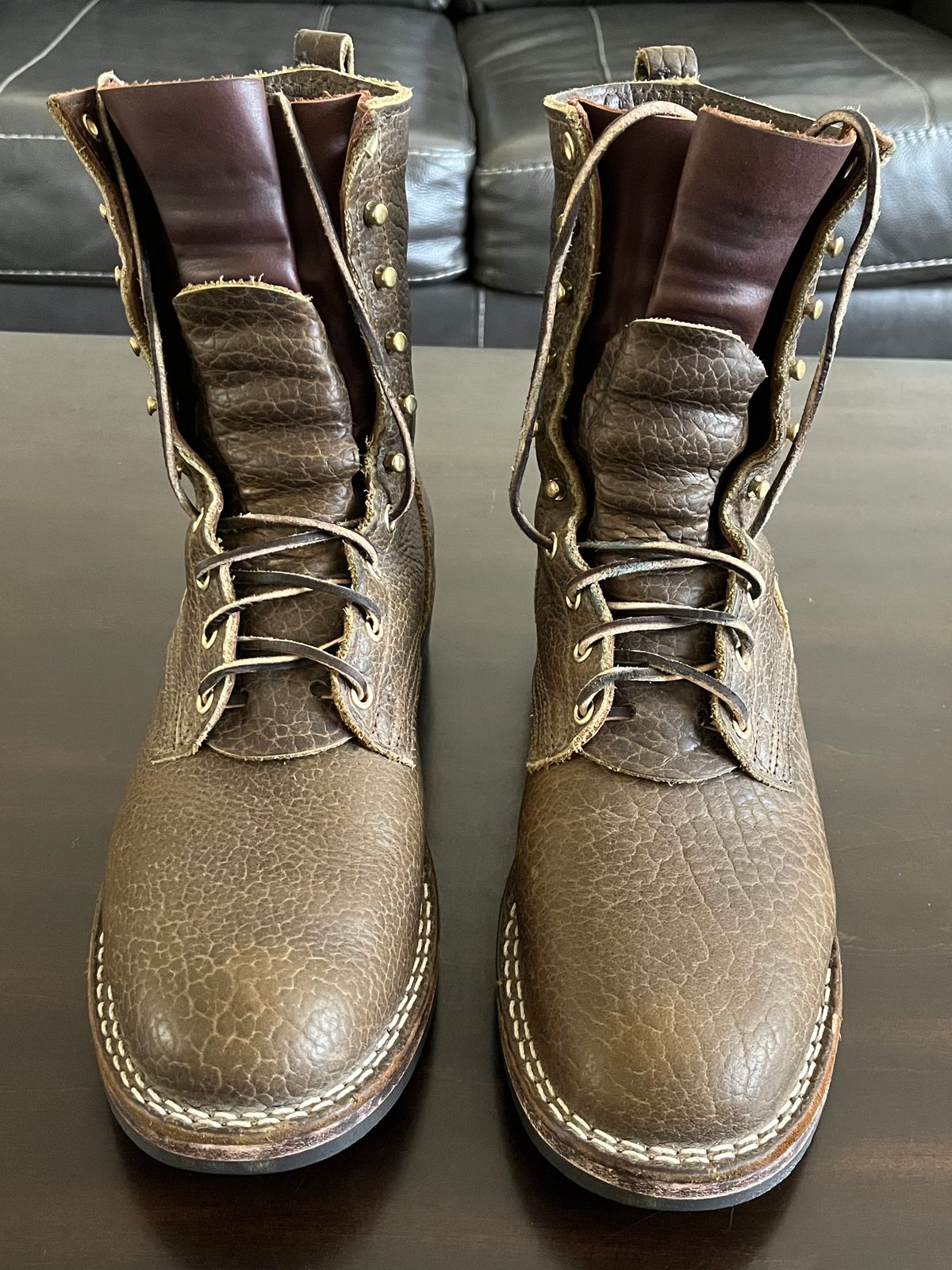 Photo by OldManSteez on December 1, 2023 of the Nicks Lace Up Heritage in Law Tanning Olive Smooth Shruken Bison.